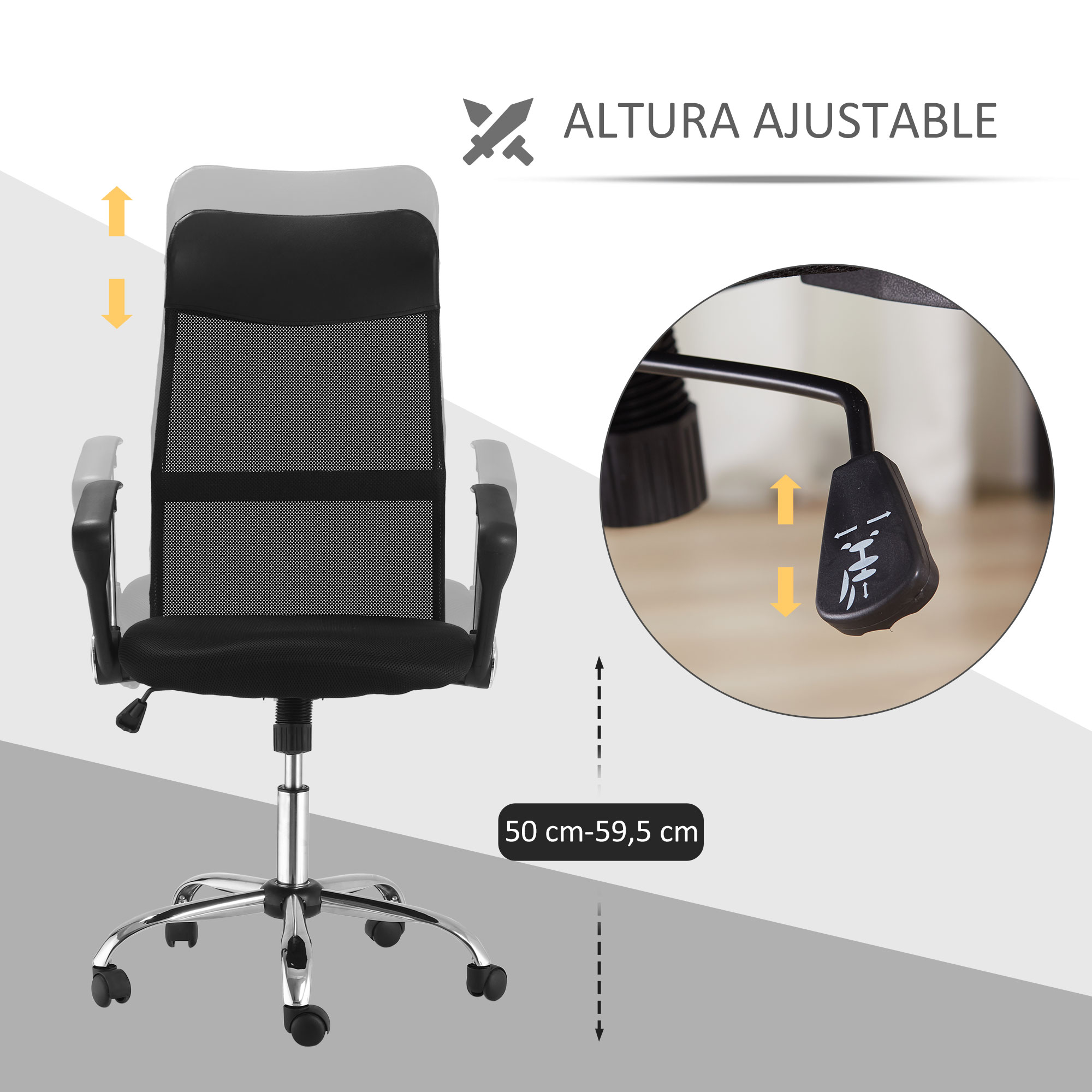 Una silla de oficina negra con respaldo de malla y base cromada. Las flechas muestran la altura ajustable de 50-59,5 cm.