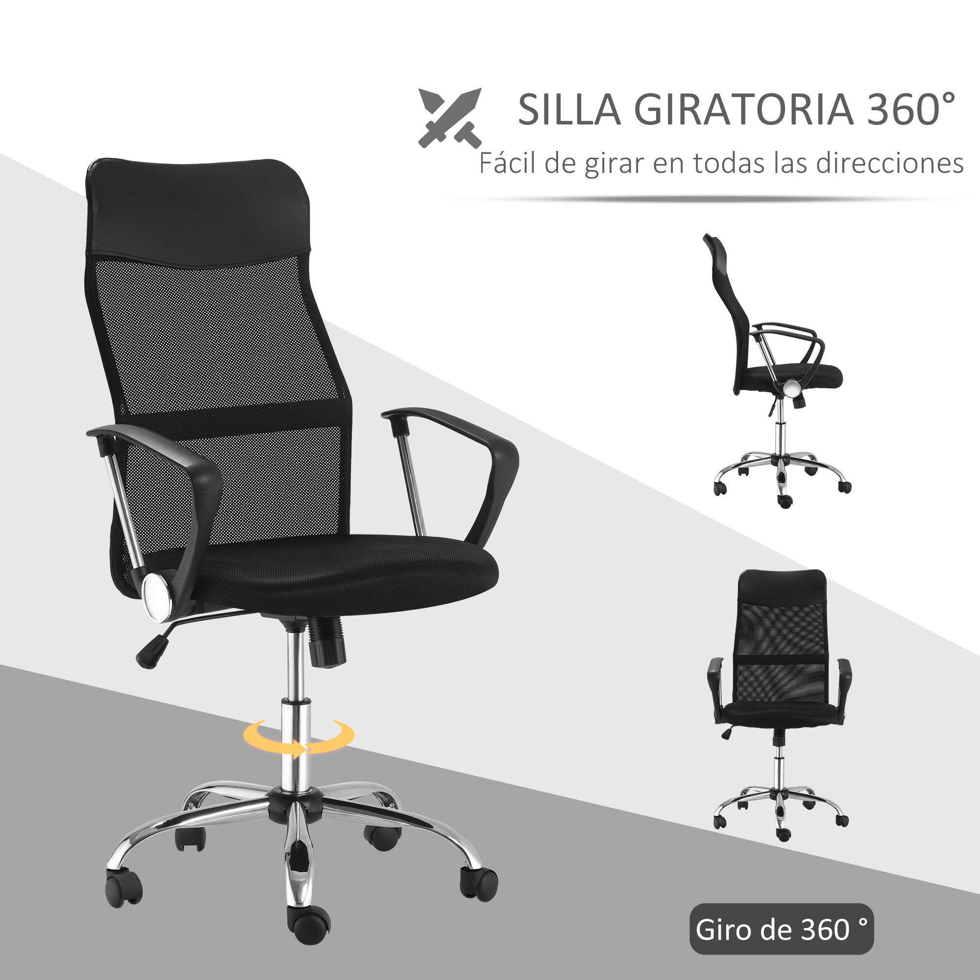 Una silla de oficina negra con malla. Tiene giro de 360 grados y se muestra desde diferentes ángulos.