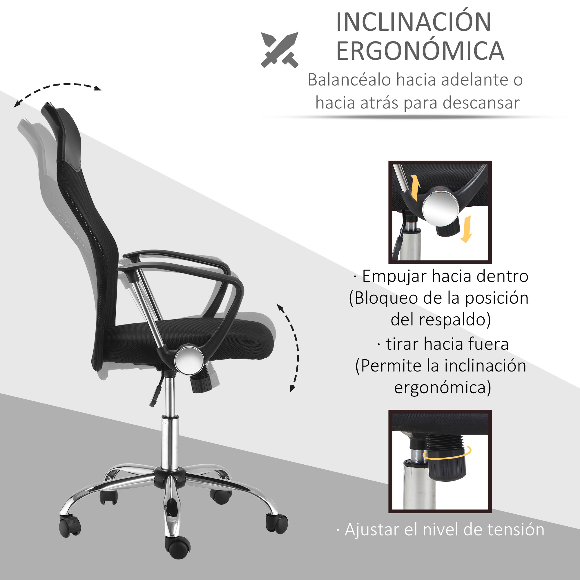 Una silla de oficina ergonómica con instrucciones. Muestra cómo ajustar el respaldo y la tensión.