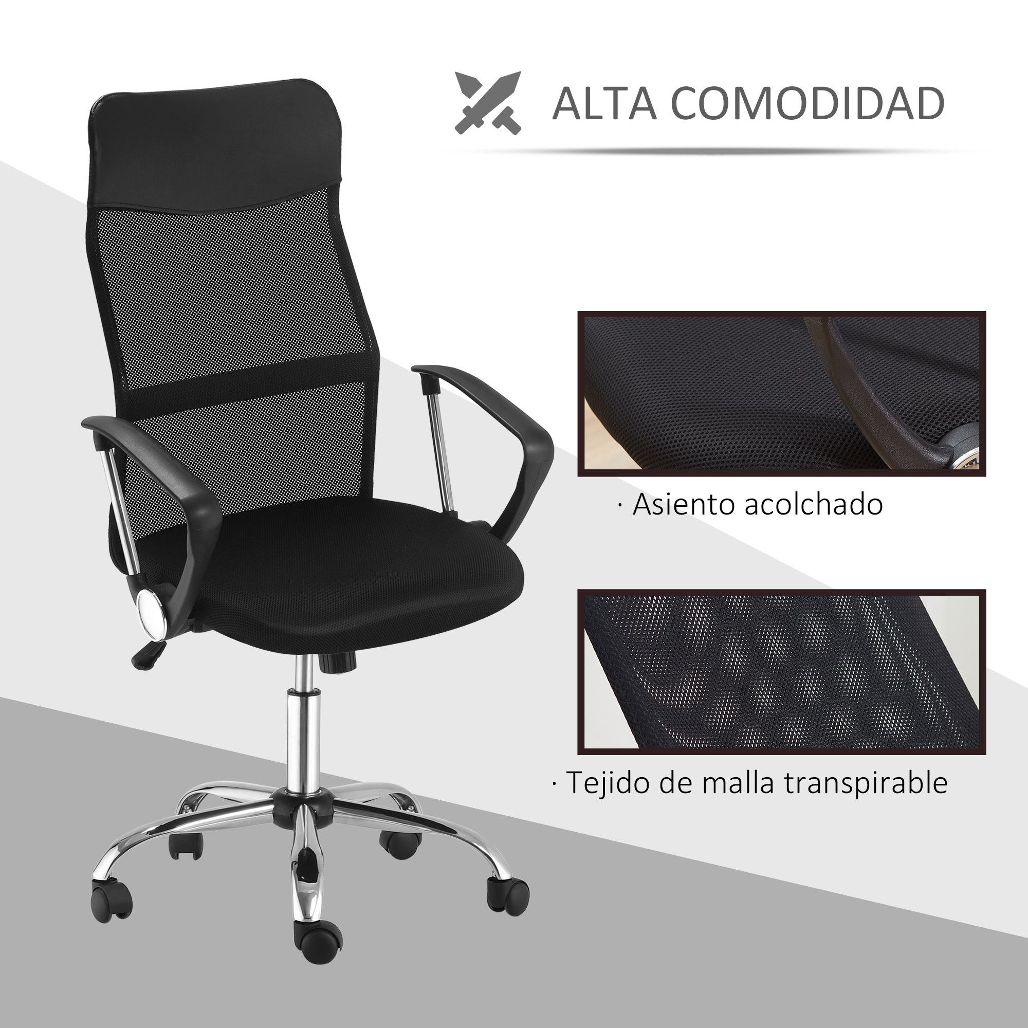 Silla de oficina negra. Respaldo y asiento de malla. Base plateada con ruedas. Detalles muestran malla del asiento y respaldo.