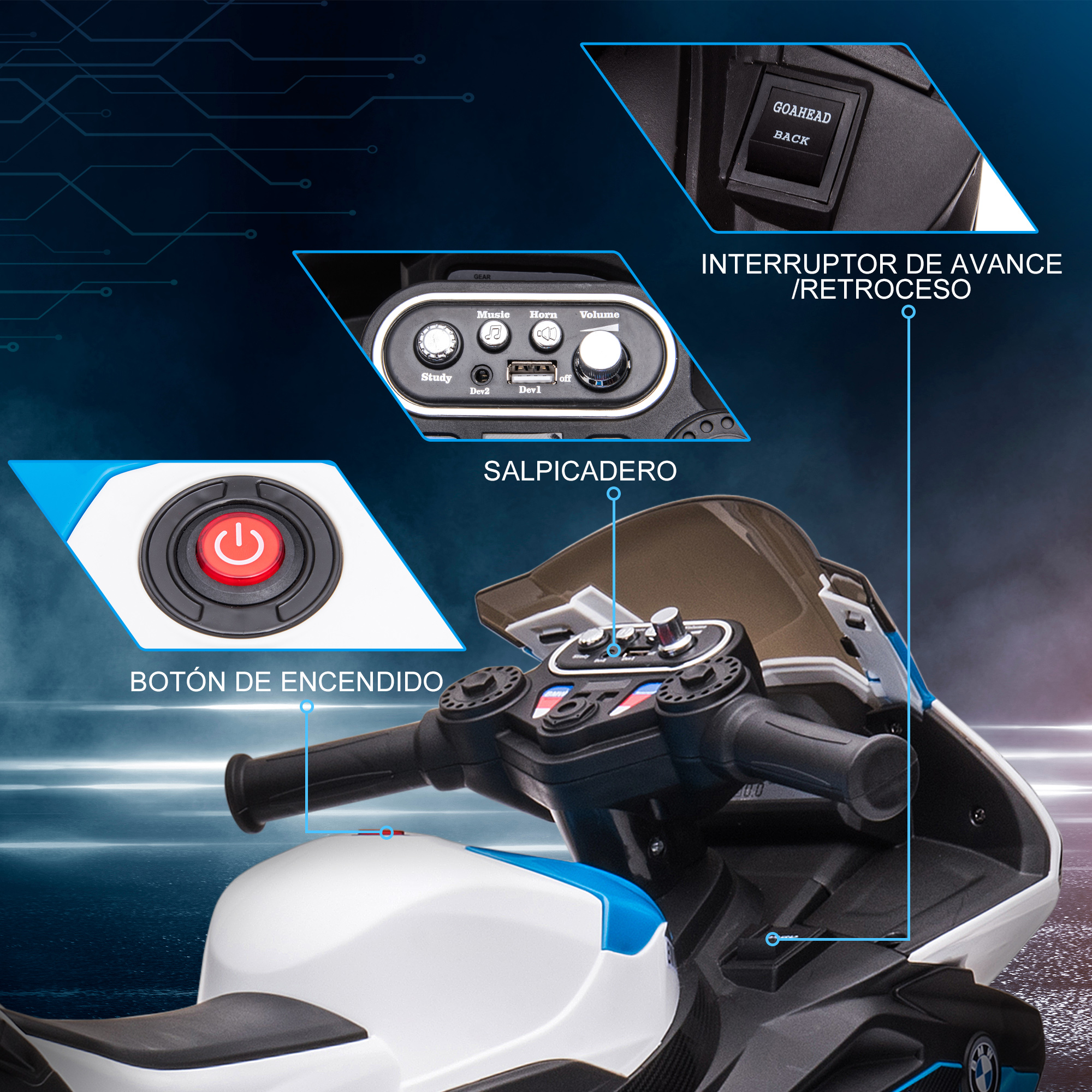 Primer plano de una motocicleta de juguete con panel de control y botón de encendido.