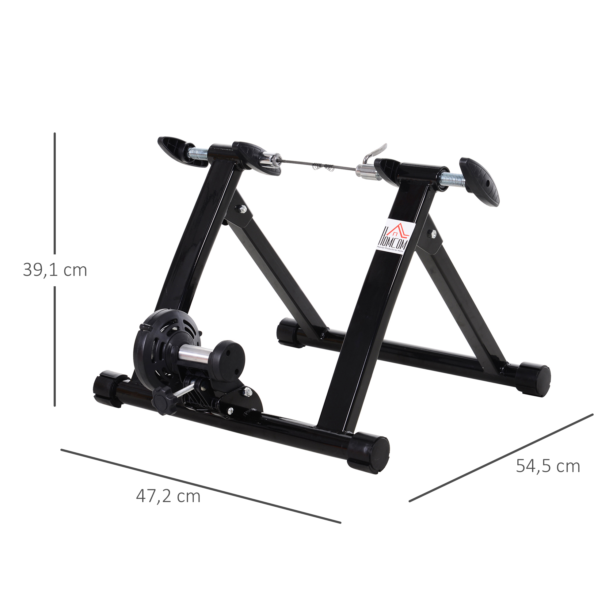 Un entrenador de bicicleta estática negro con dimensiones etiquetadas. Está sobre un fondo blanco.