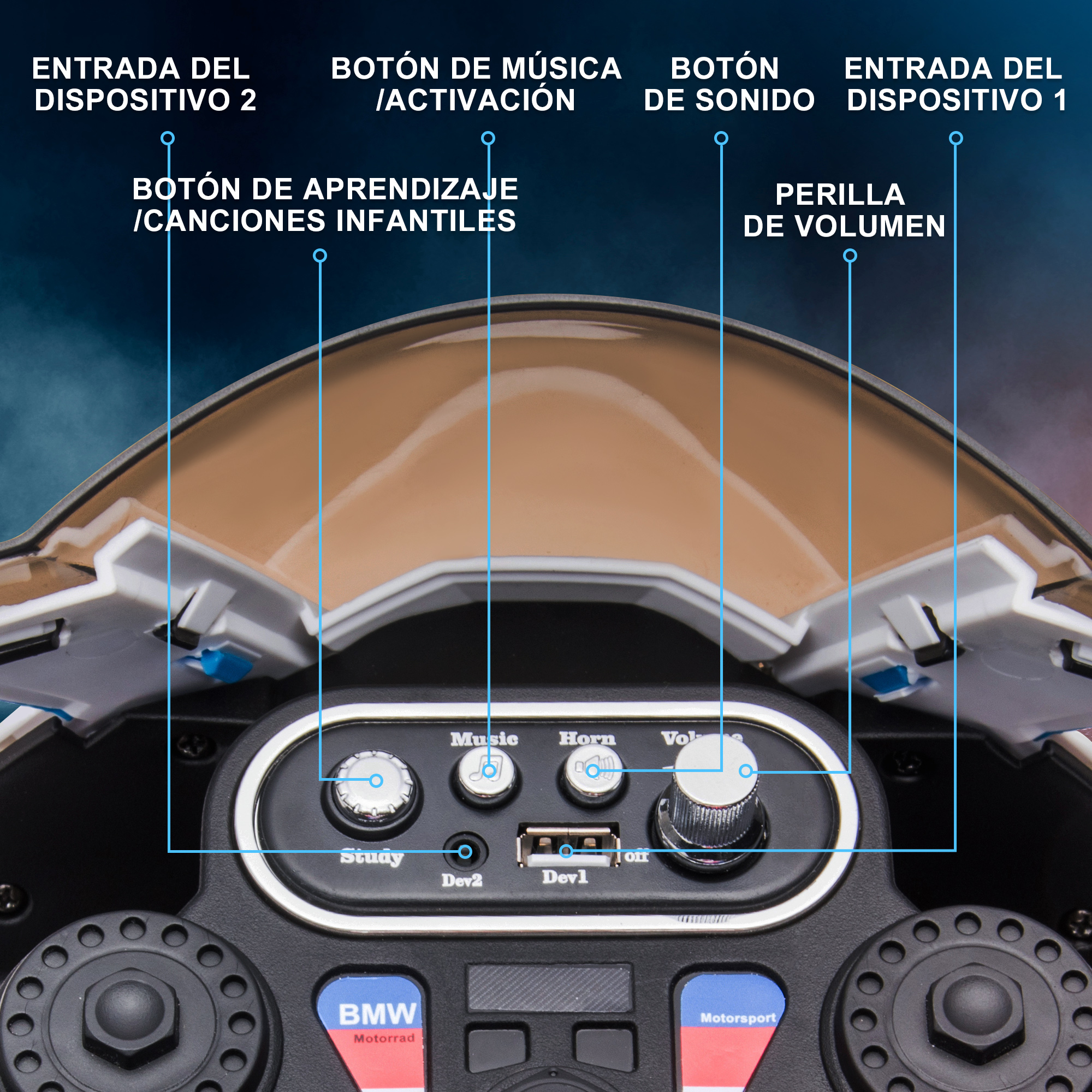 El panel de control de una motocicleta de juguete, con botones etiquetados y una perilla de volumen.