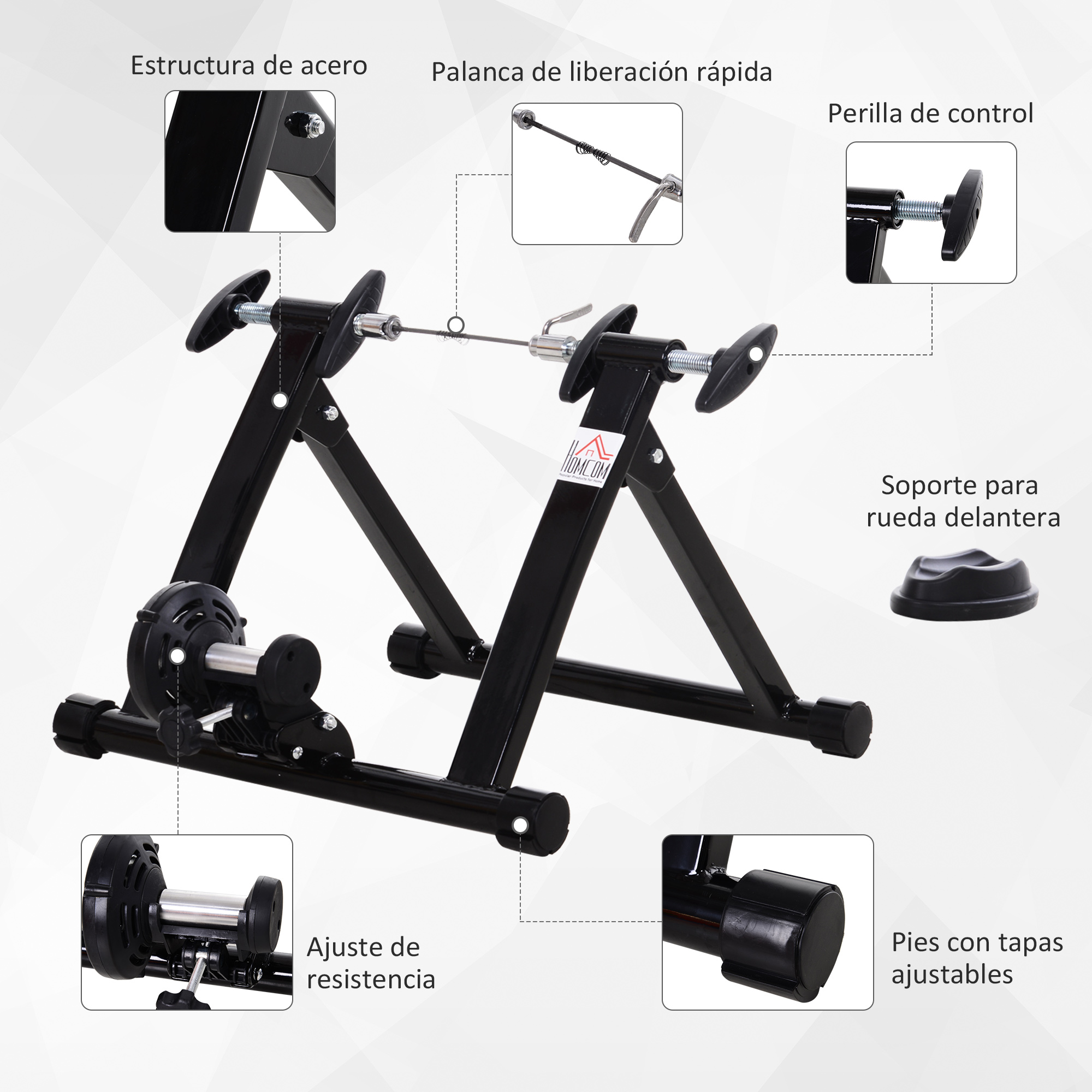 Entrenador de bicicleta de interior negro con una bicicleta encima. Se muestran los detalles del entrenador.