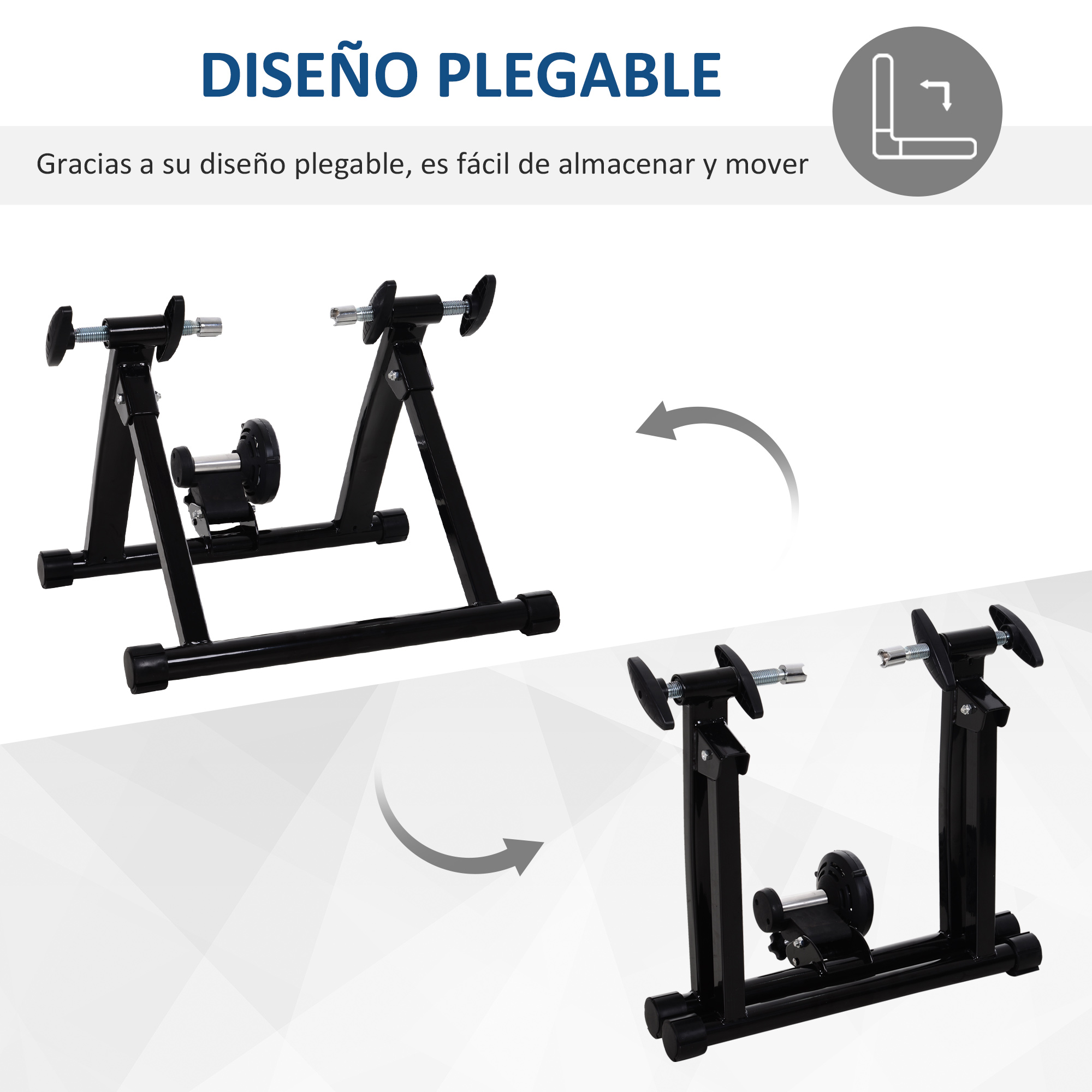 Entrenador de bicicleta plegable negro, con flechas mostrando la acción de plegado.