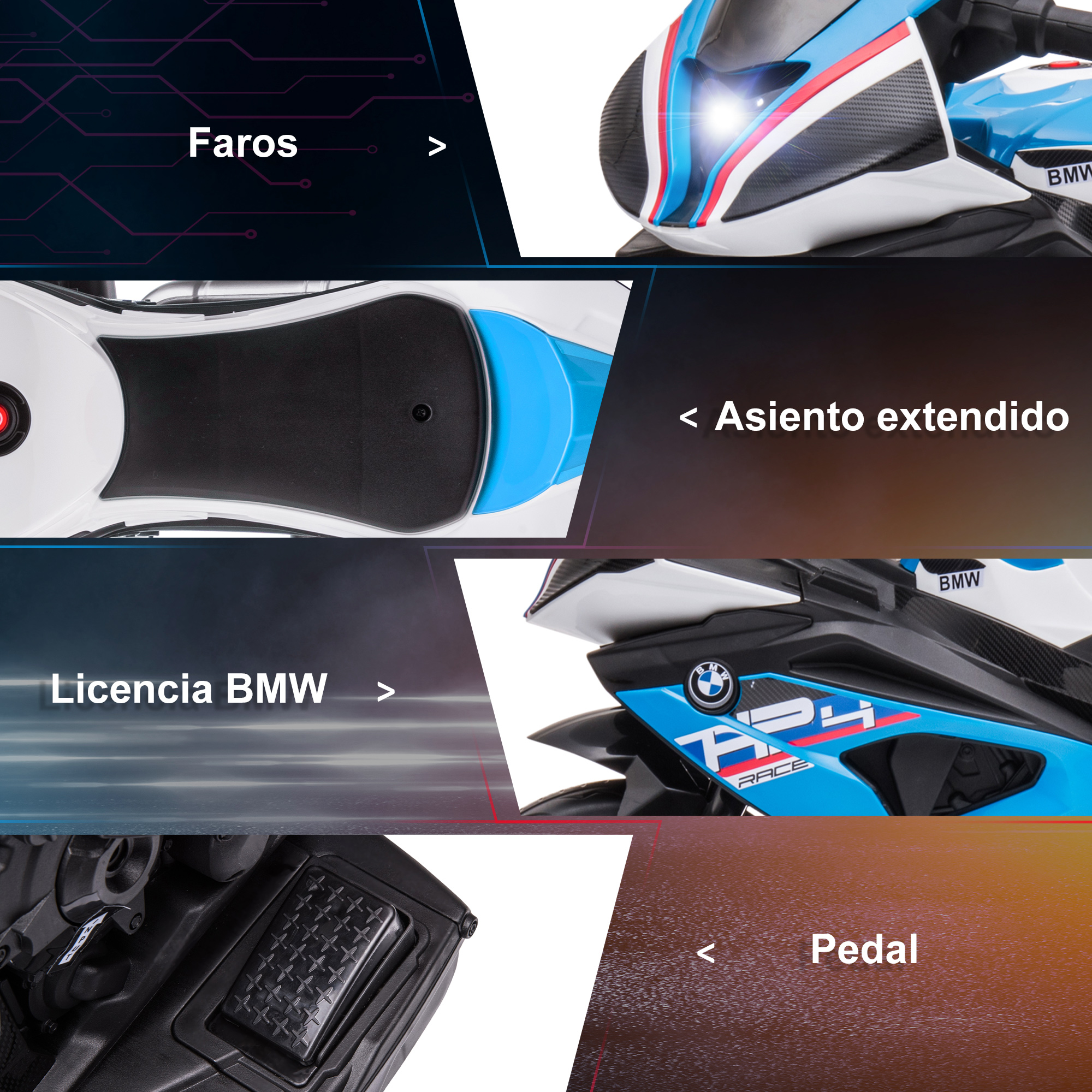 Primer plano de una moto de juguete con faros, asiento y logo BMW. Tiene detalles azules y blancos.