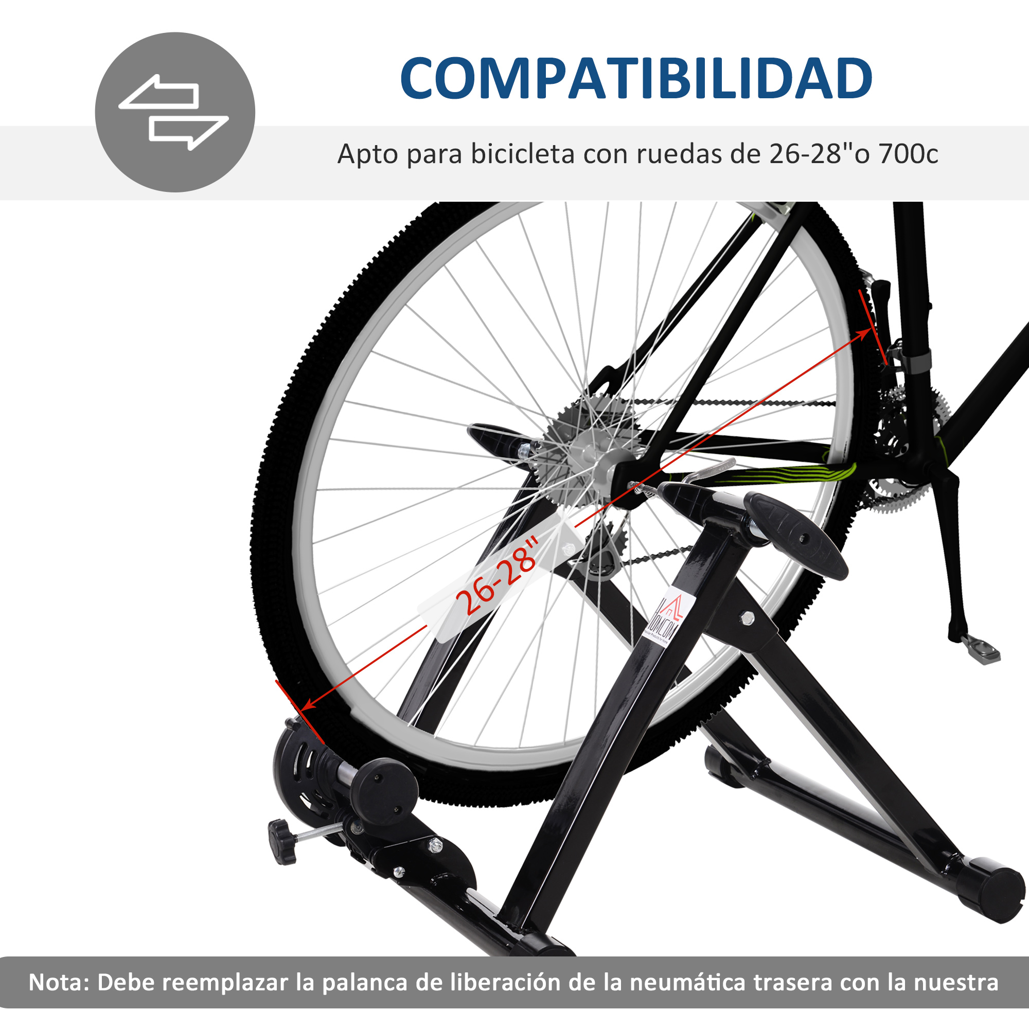 Bicicleta en un soporte. Bicicleta con rueda trasera en un soporte negro. El texto destaca la compatibilidad con ruedas de 26-28".