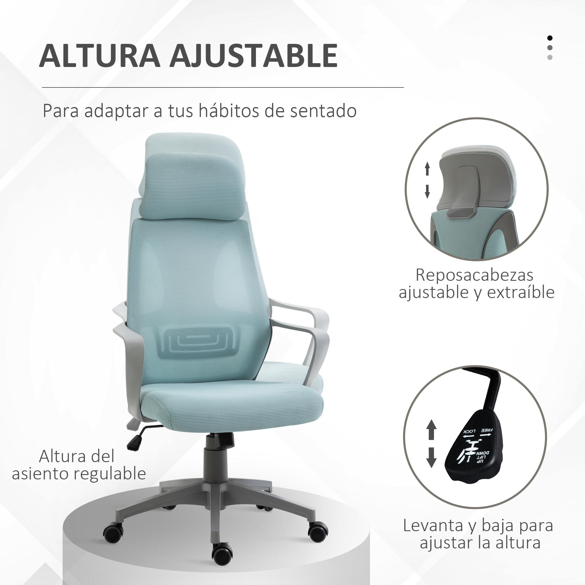 Silla de oficina azul con reposacabezas y altura ajustables. Fondo blanco.