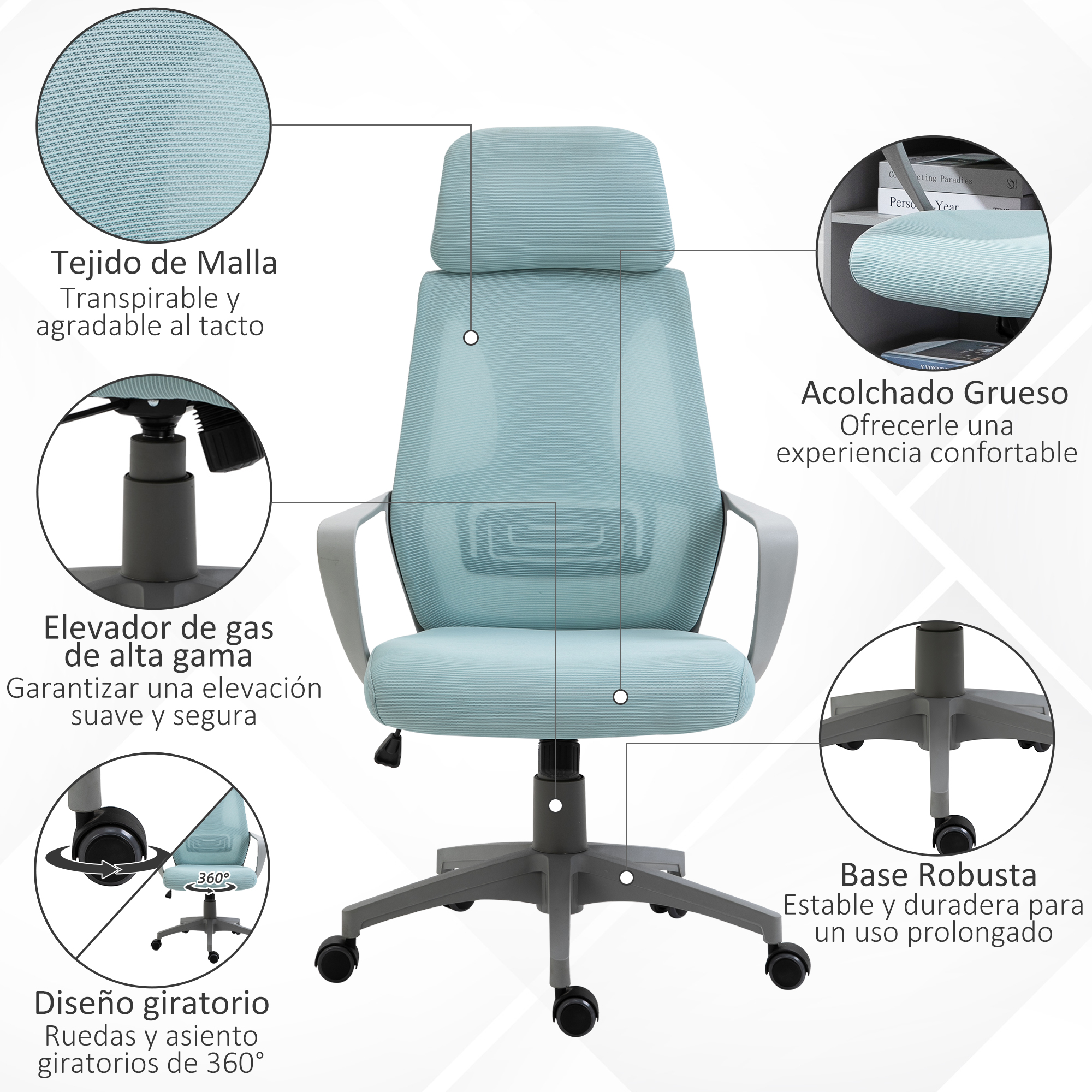 Una silla de oficina azul claro con respaldo de malla, marco gris y base de cinco estrellas.