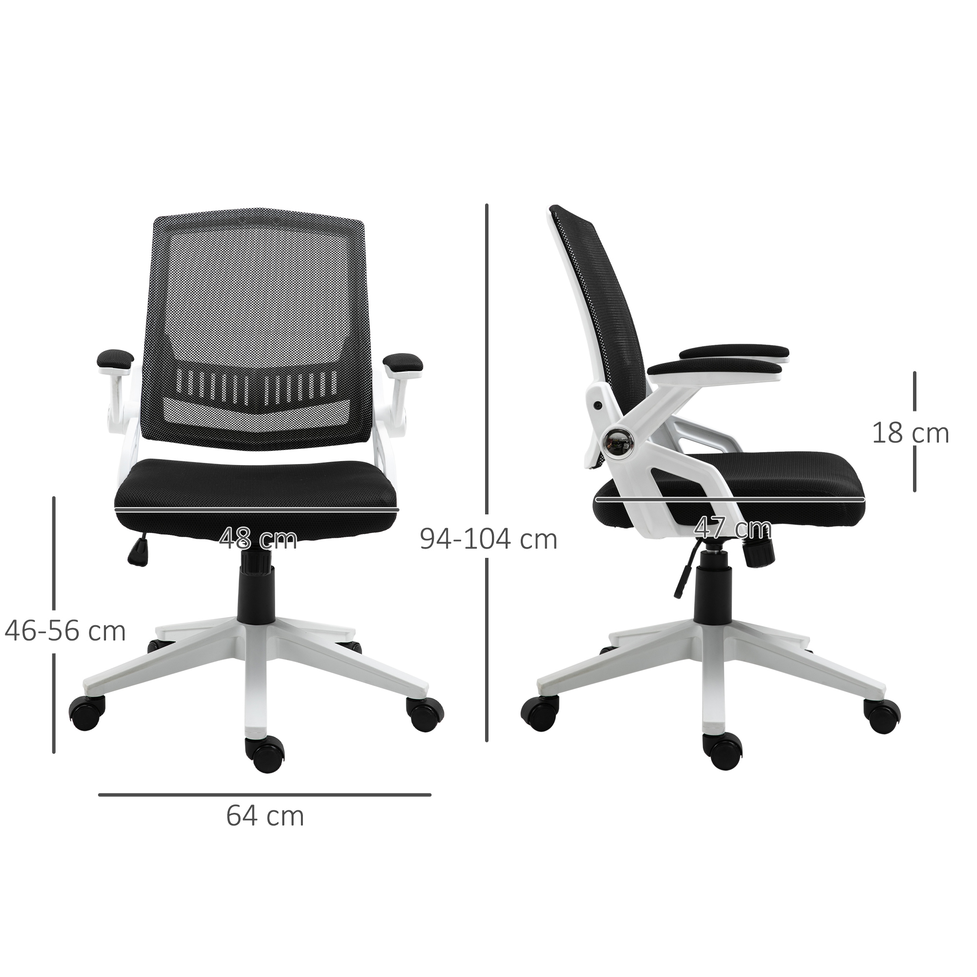Silla de oficina blanca y negra con dimensiones, vista frontal y lateral.