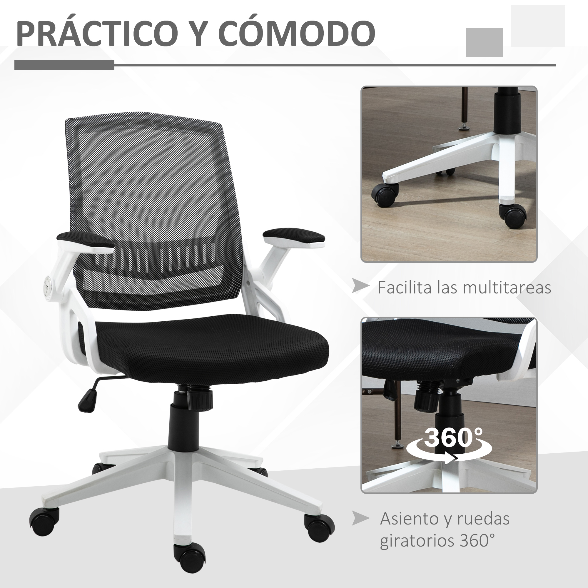 Silla de oficina de malla blanca y negra con brazos ajustables, respaldo y giro de 360 grados.