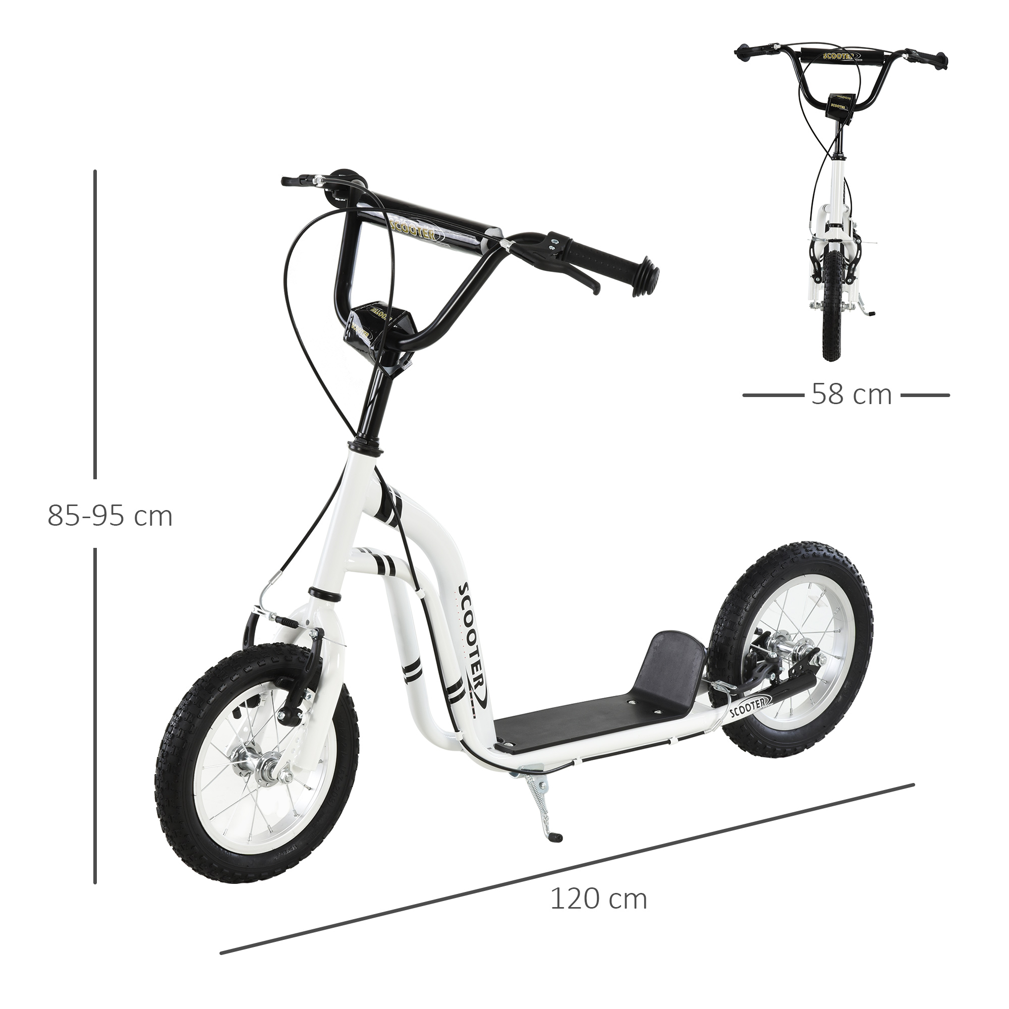 Un patinete blanco con manillar y neumáticos negros, que muestra las dimensiones y una vista frontal del manillar.