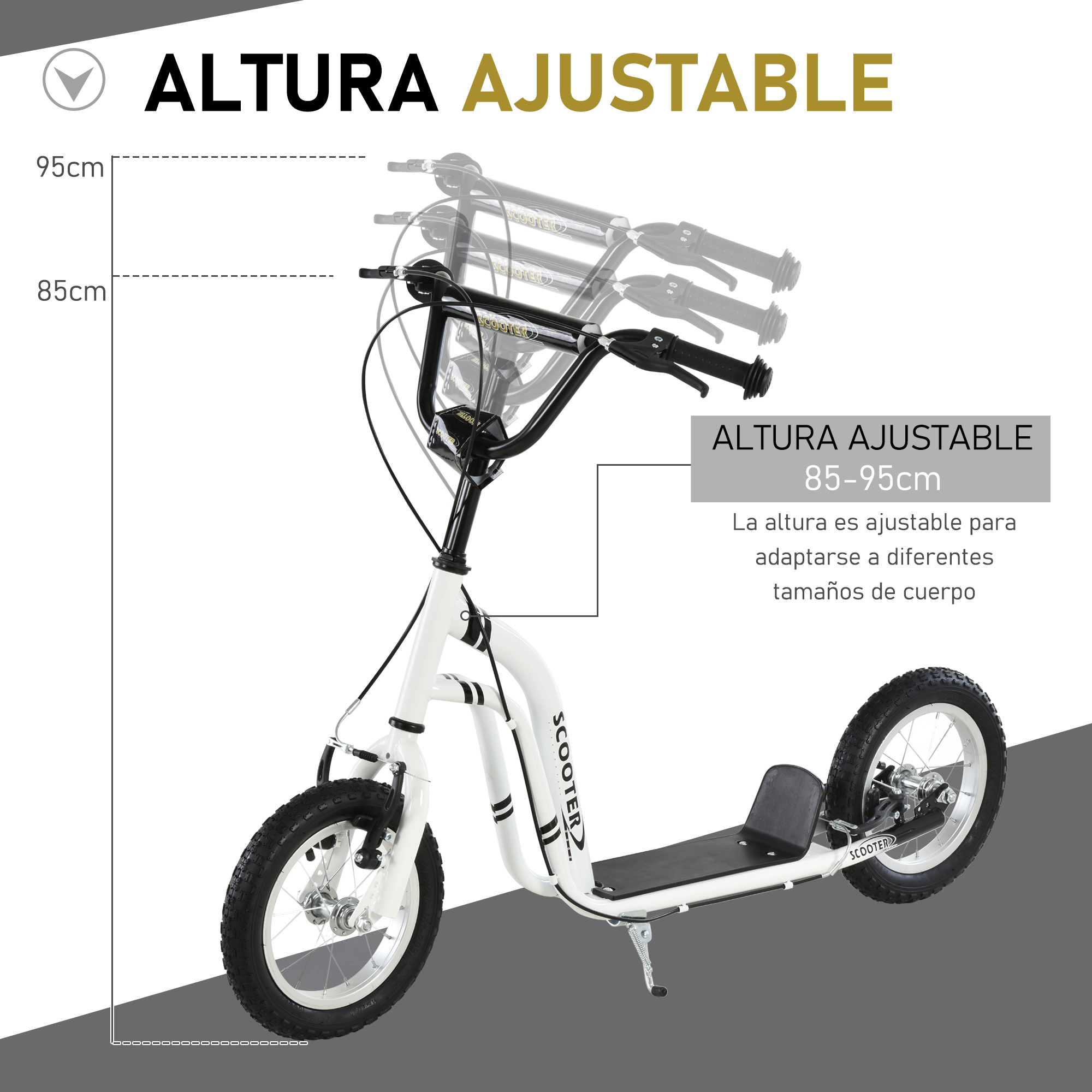 Scooter blanco con altura ajustable, entre 85-95cm. Texto explica la función de altura ajustable.