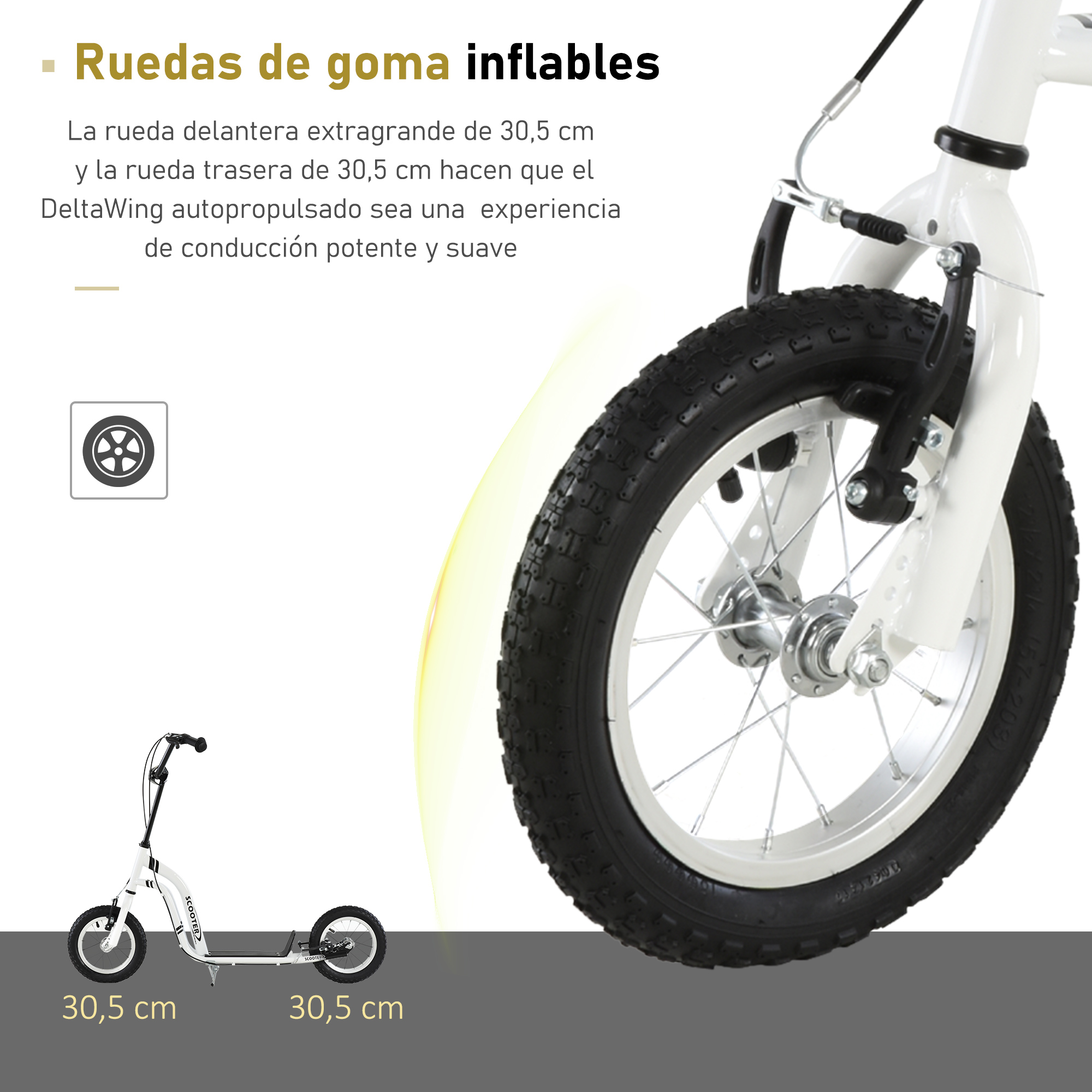 Detalle de la rueda del patinete blanco con neumático negro, cable de freno. El patinete es blanco.