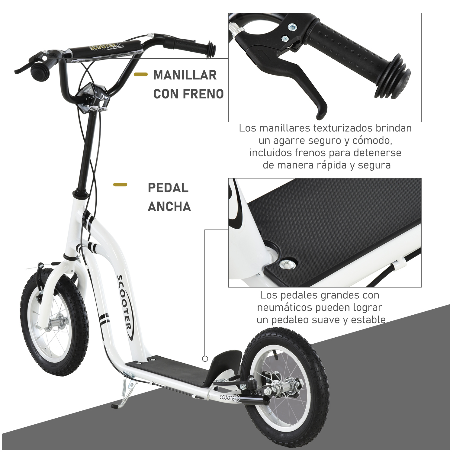 Un patinete blanco con detalles negros, mostrando detalles del manillar y pedales.