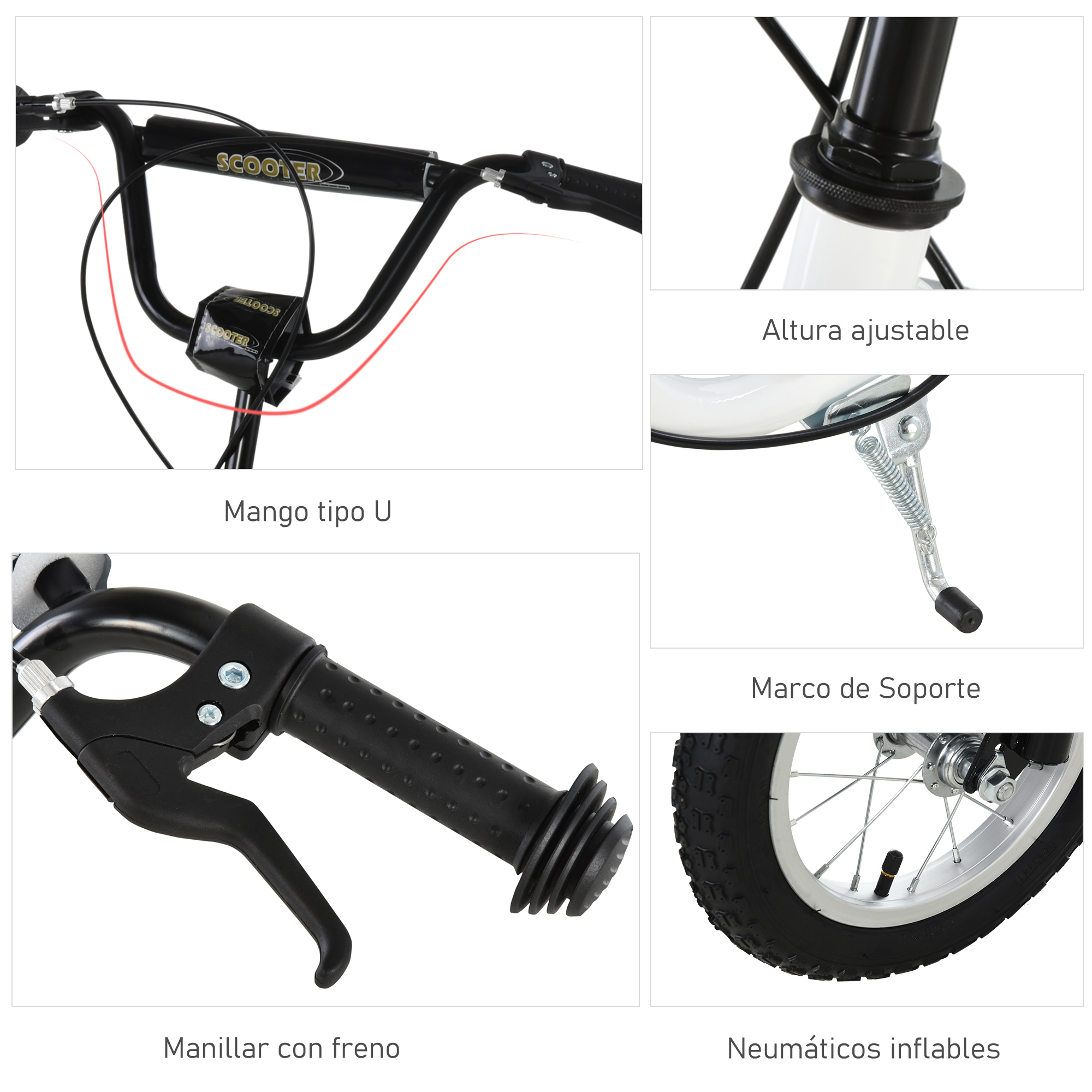Primer plano de componentes de scooter: manillar, frenos, altura ajustable, neumáticos.