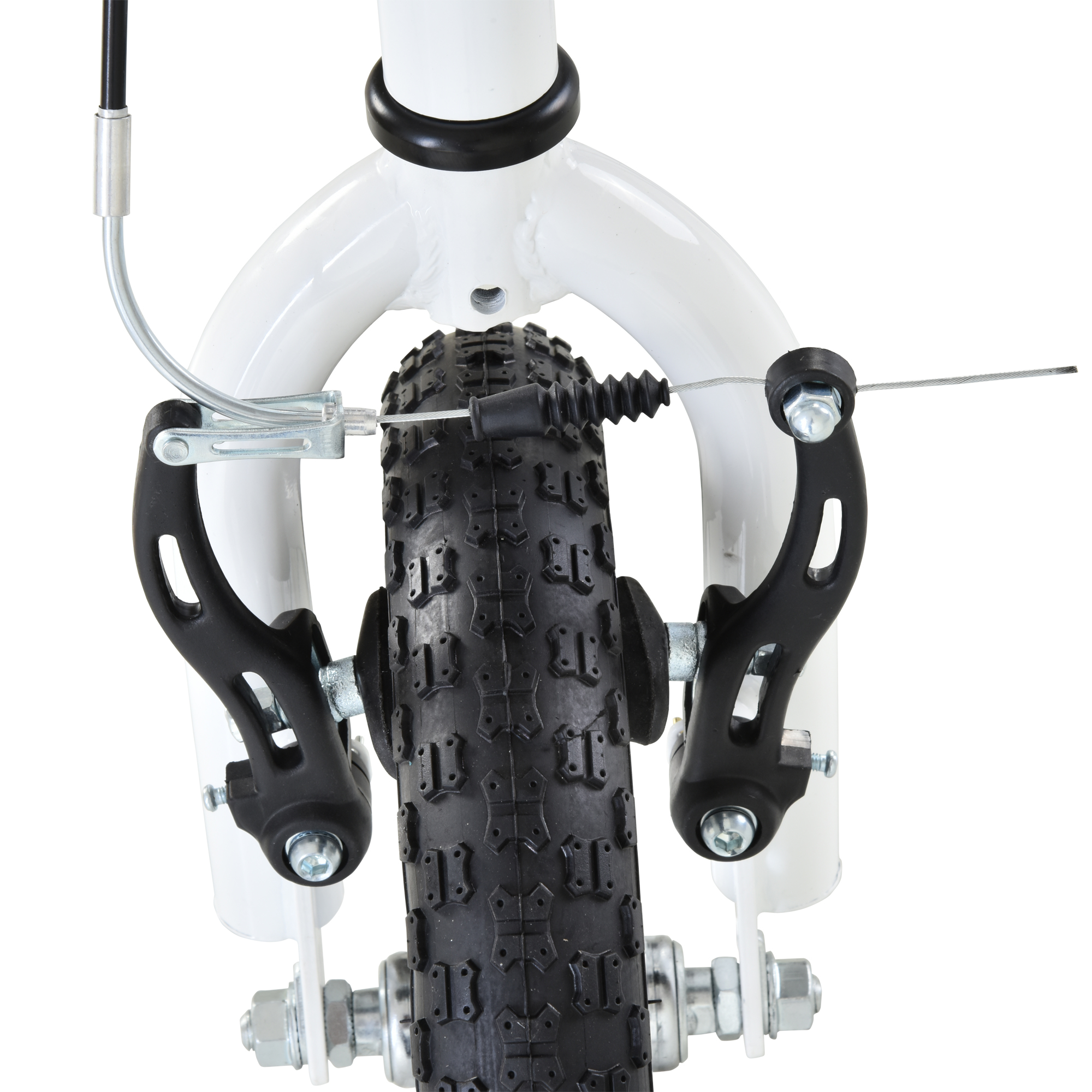 Primer plano de la rueda delantera de una bicicleta. Neumático negro, cuadro blanco y pinzas de freno.
