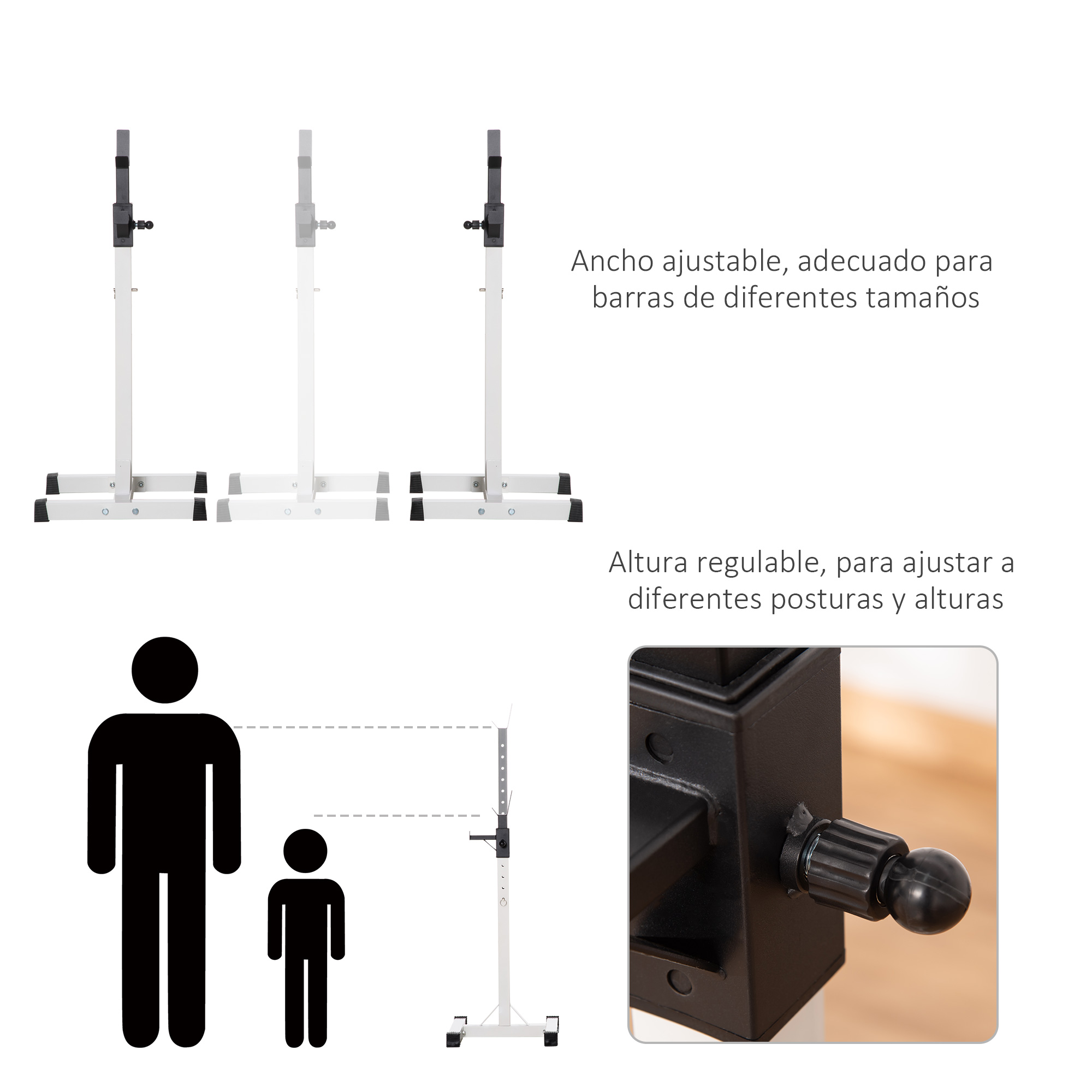 Soporte para sentadillas ajustable con ilustraciones que muestran ajustes de altura y anchura para diferentes usuarios.