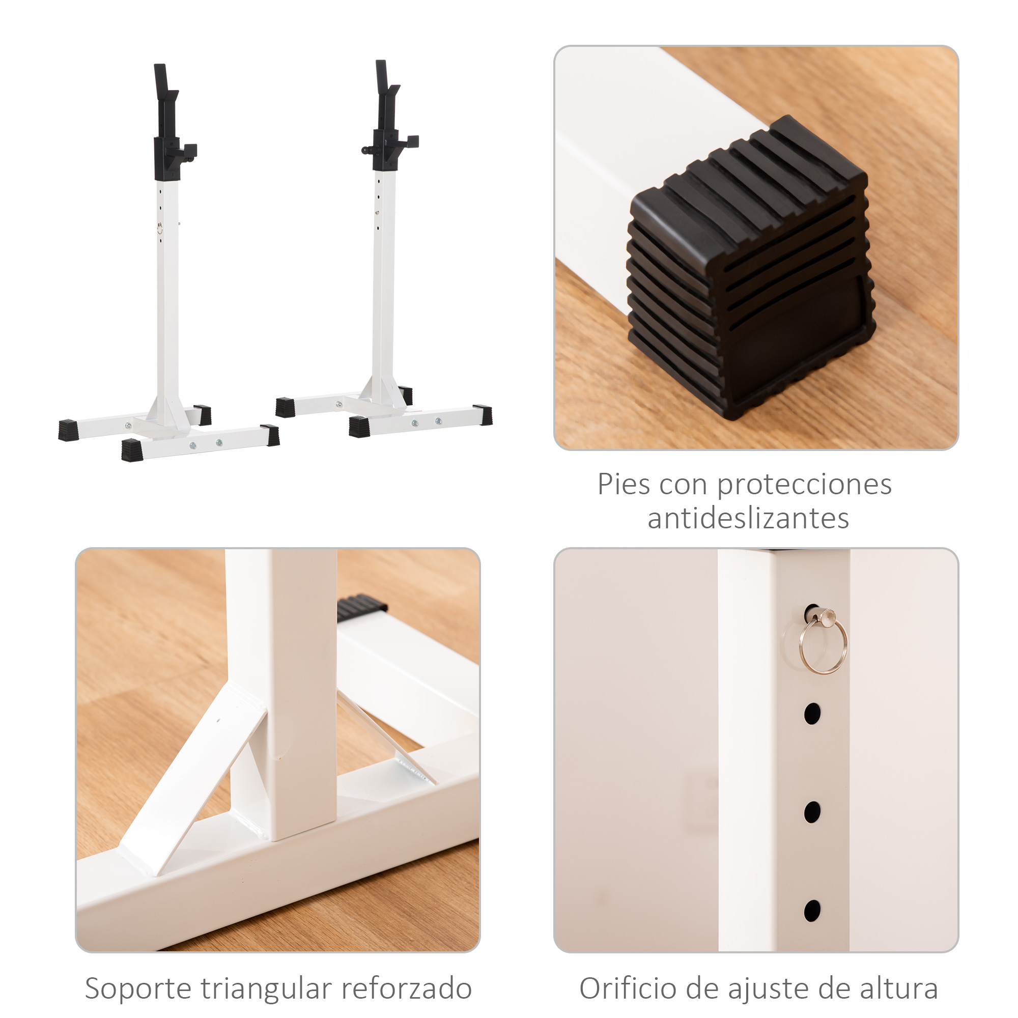Detalles de soportes para pesas con soporte triangular reforzado y pies antideslizantes. Color blanco.