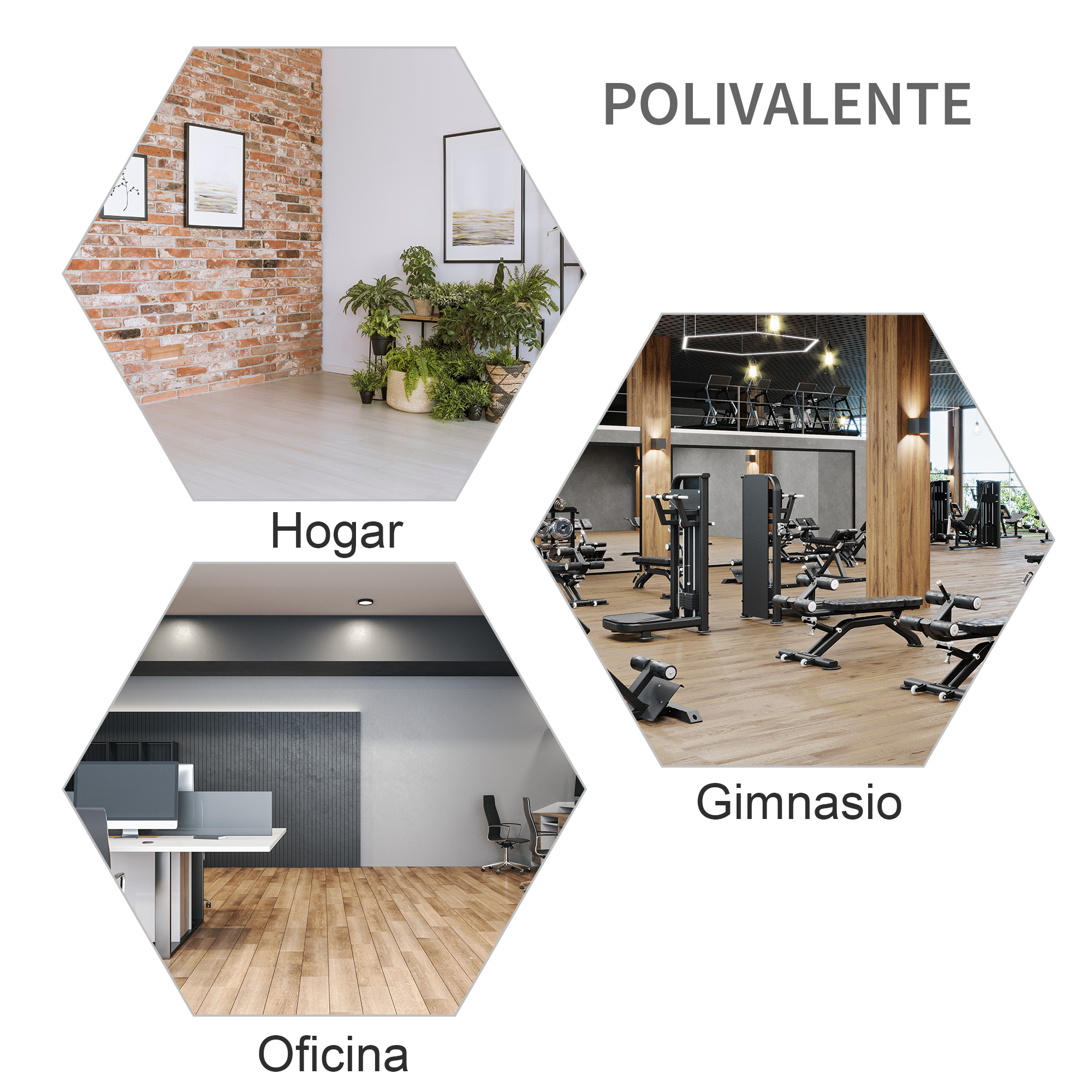 Imágenes que muestran espacios de hogar, gimnasio y oficina. Todos presentan un diseño moderno y son versátiles.