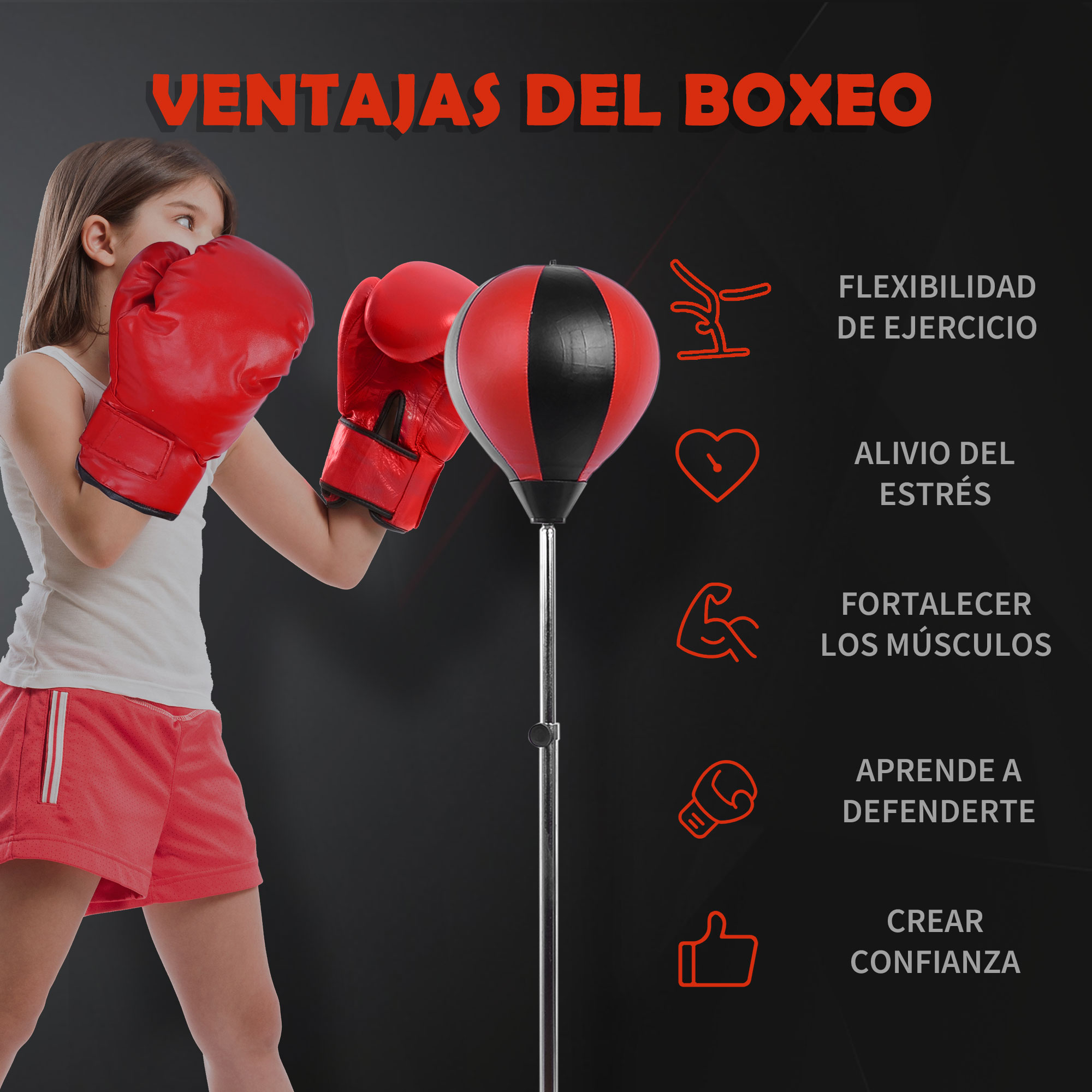 Niña con guantes de boxeo rojos golpea un saco de boxeo negro. Beneficios: ejercicio, alivio del estrés, fortalecimiento muscular, defensa personal, confianza.