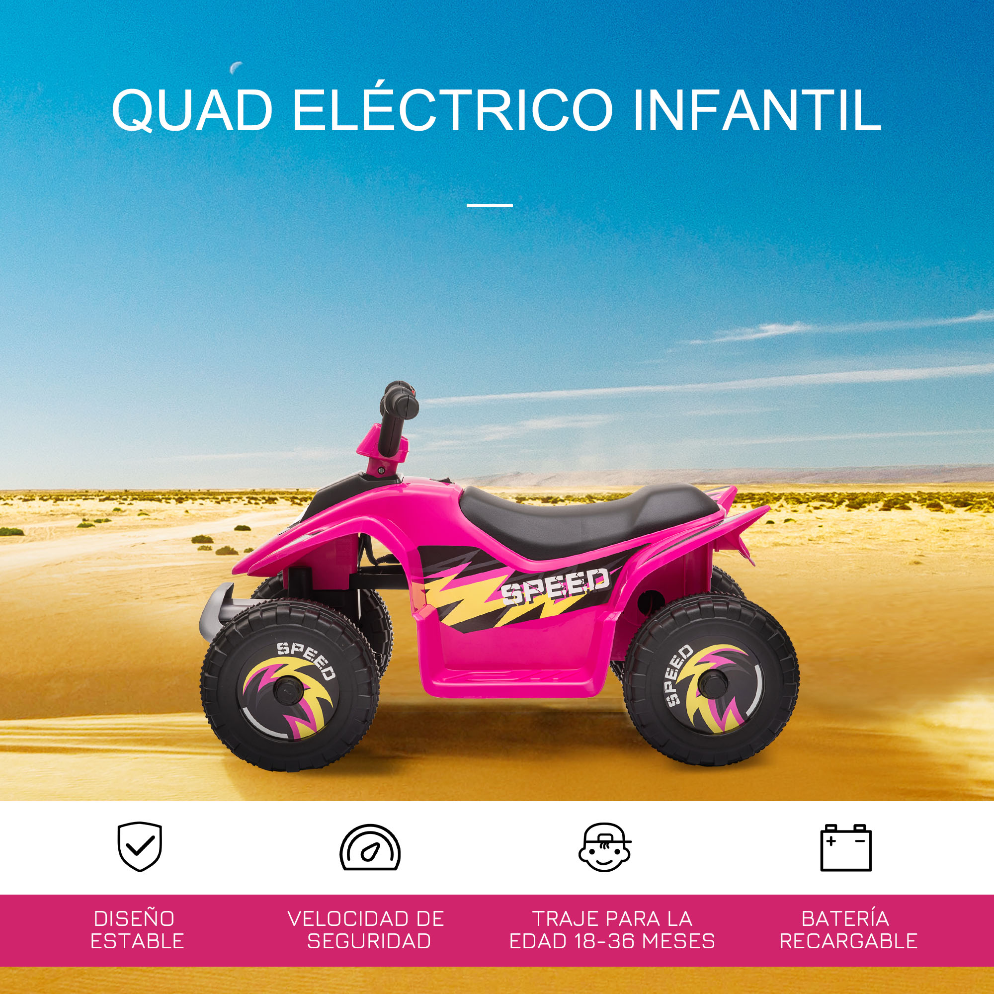 Quad eléctrico rosa con ruedas negras. Diseño de velocidad amarillo y negro. Cielo azul detrás.
