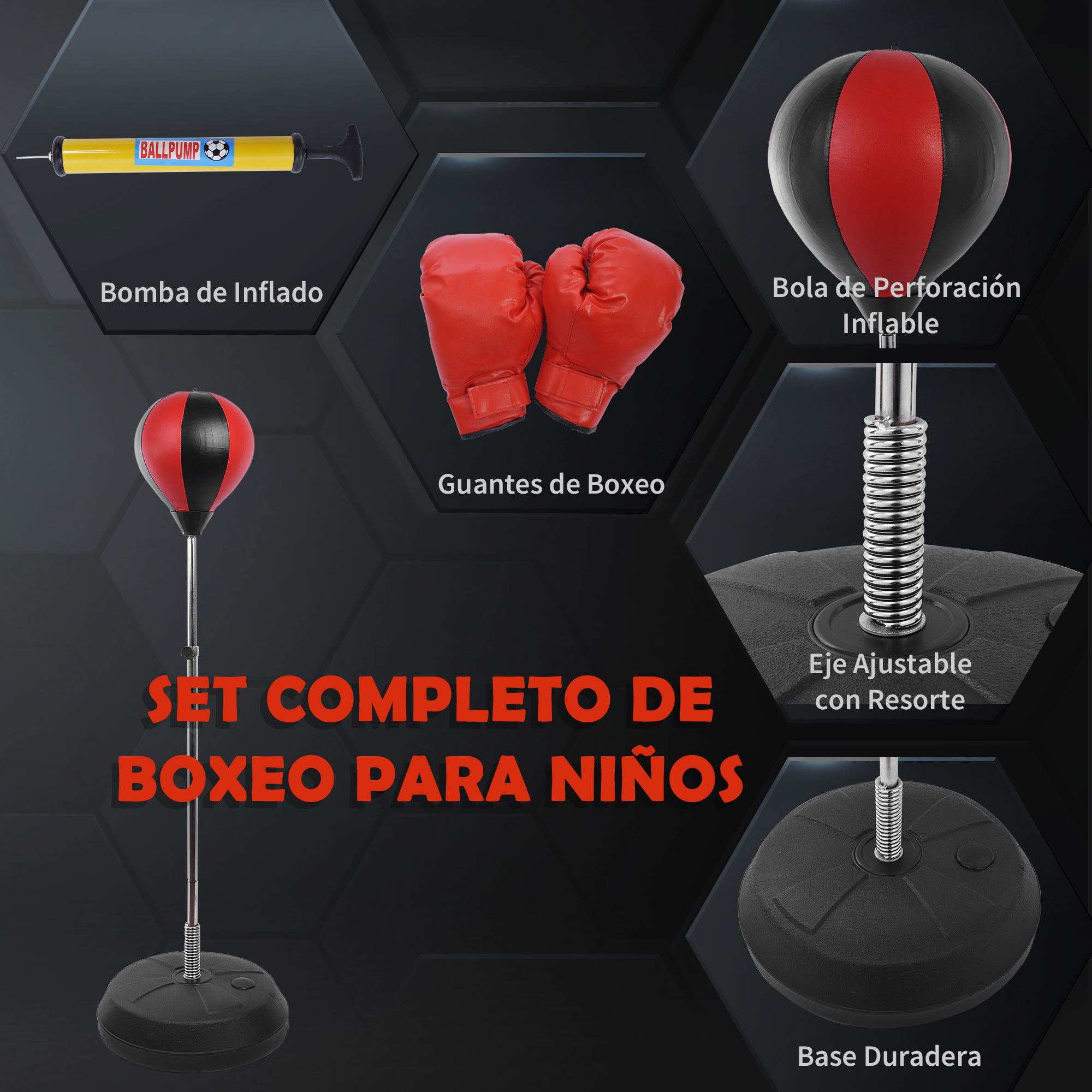 Set de boxeo para niños: saco, guantes, bomba y base.