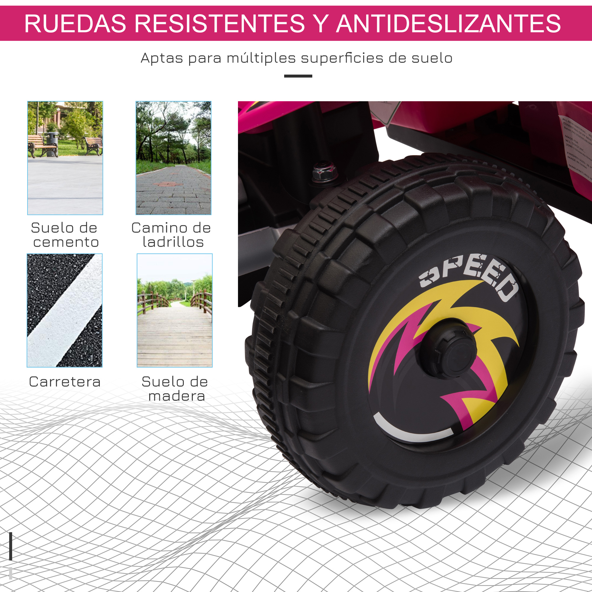 Primer plano de la rueda de un coche de juguete rosa. Cuenta con neumático de goma y diseño amarillo/rosa con la palabra SPEED.