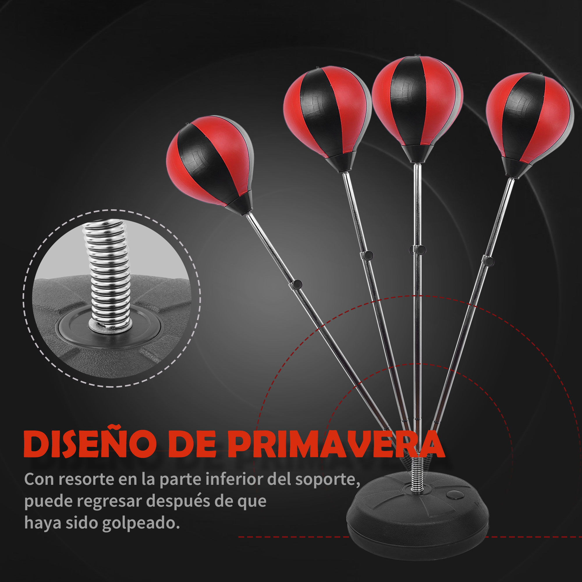 Equipo de entrenamiento de boxeo. Sacos de boxeo rojos y negros sobre bases de resorte.