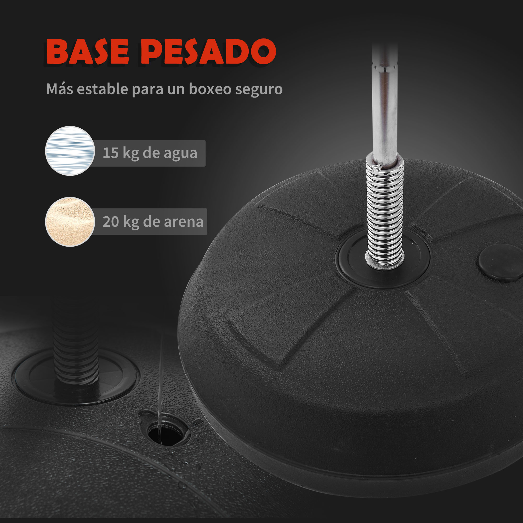 Base negra para saco de boxeo con opciones de llenado de agua/arena. Texto: 'Base Pesada' y 'Más Estable'.