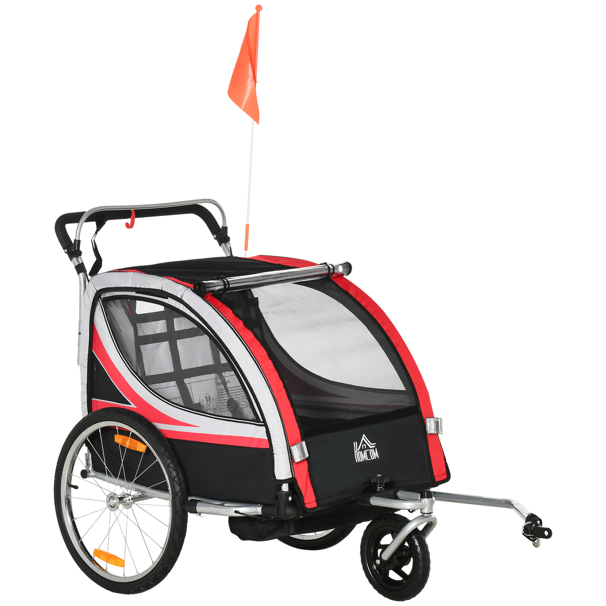 Un rimorchio per bici per bambini rosso e nero con una bandiera arancione su sfondo bianco.