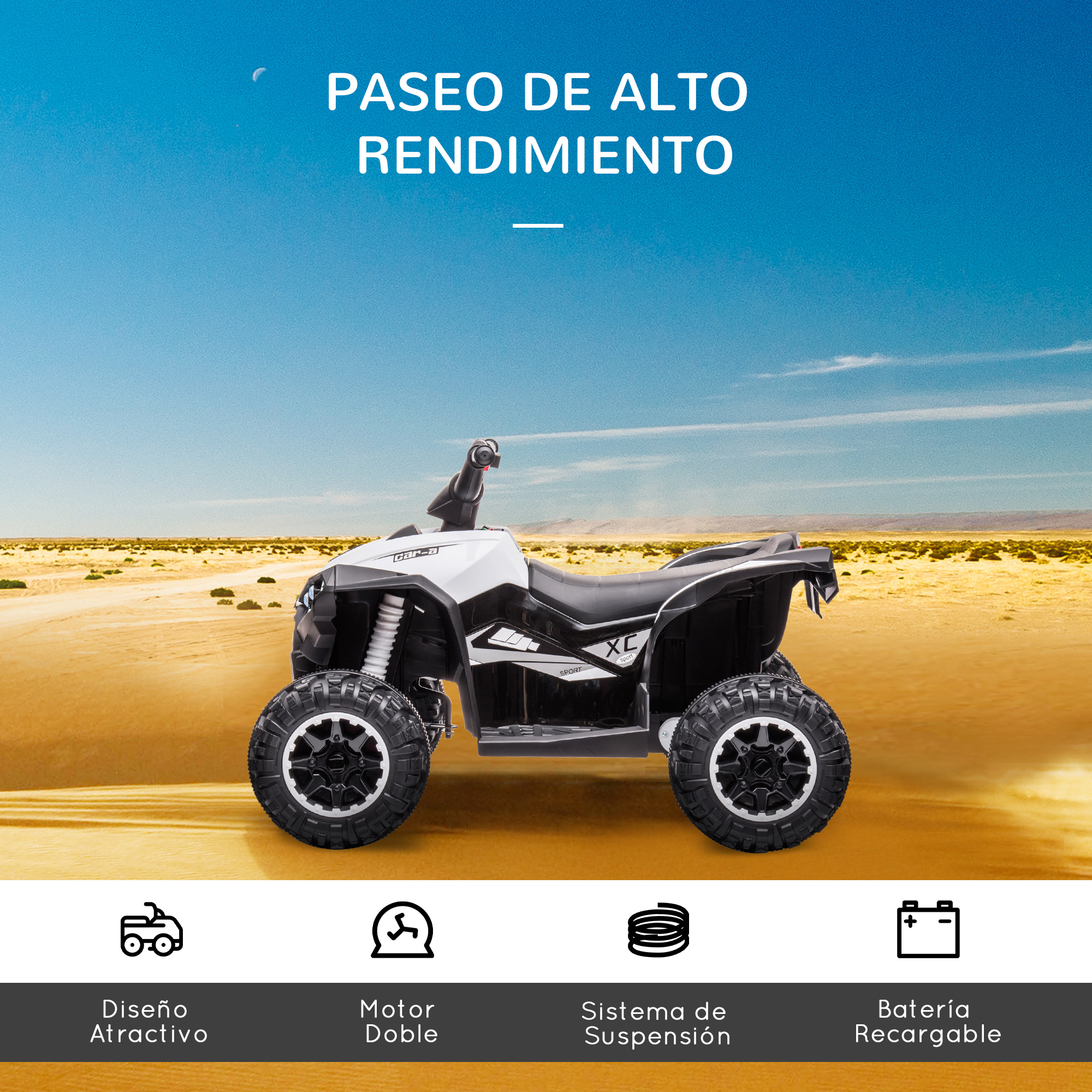 Un ATV blanco y negro en una duna de arena, con iconos que indican diseño atractivo, motor doble, suspensión y batería recargable.