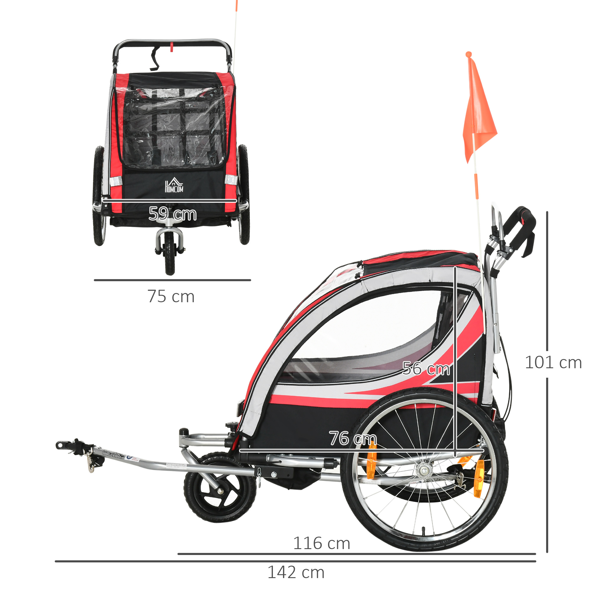 Un rimorchio per bici per bambini nero e rosso con dimensioni. Mostra viste laterali e frontali con misure in cm.