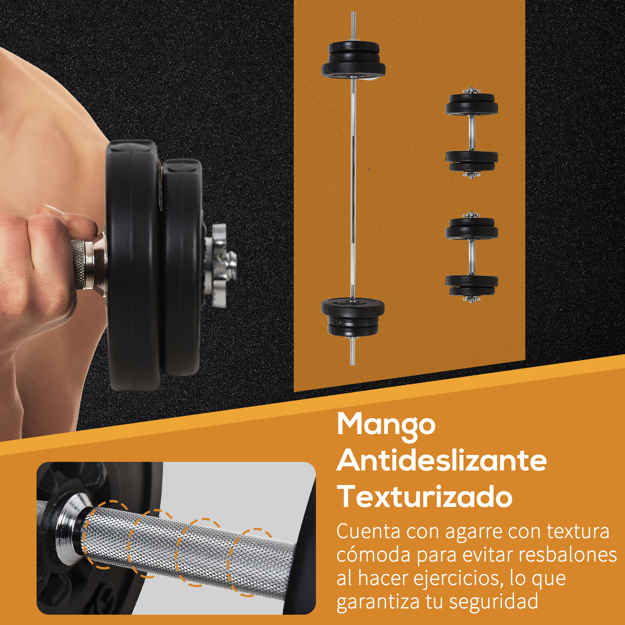 Persona sosteniendo mancuerna negra con discos negros. También, una barra y mancuernas sobre fondo de madera.