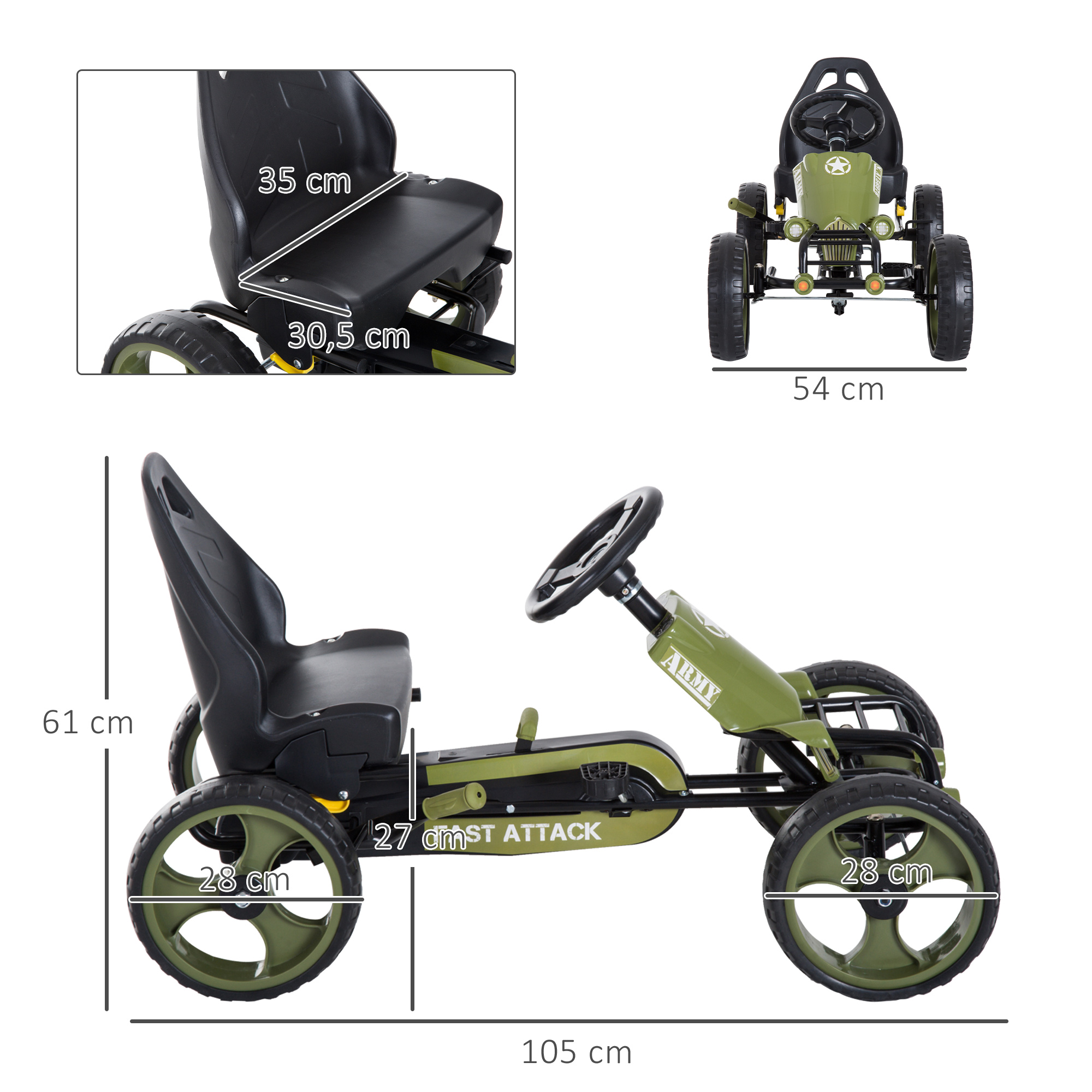 Un coche de pedales verde militar con medidas. Detalles incluyen dimensiones del asiento, tamaño de rueda y longitud total.