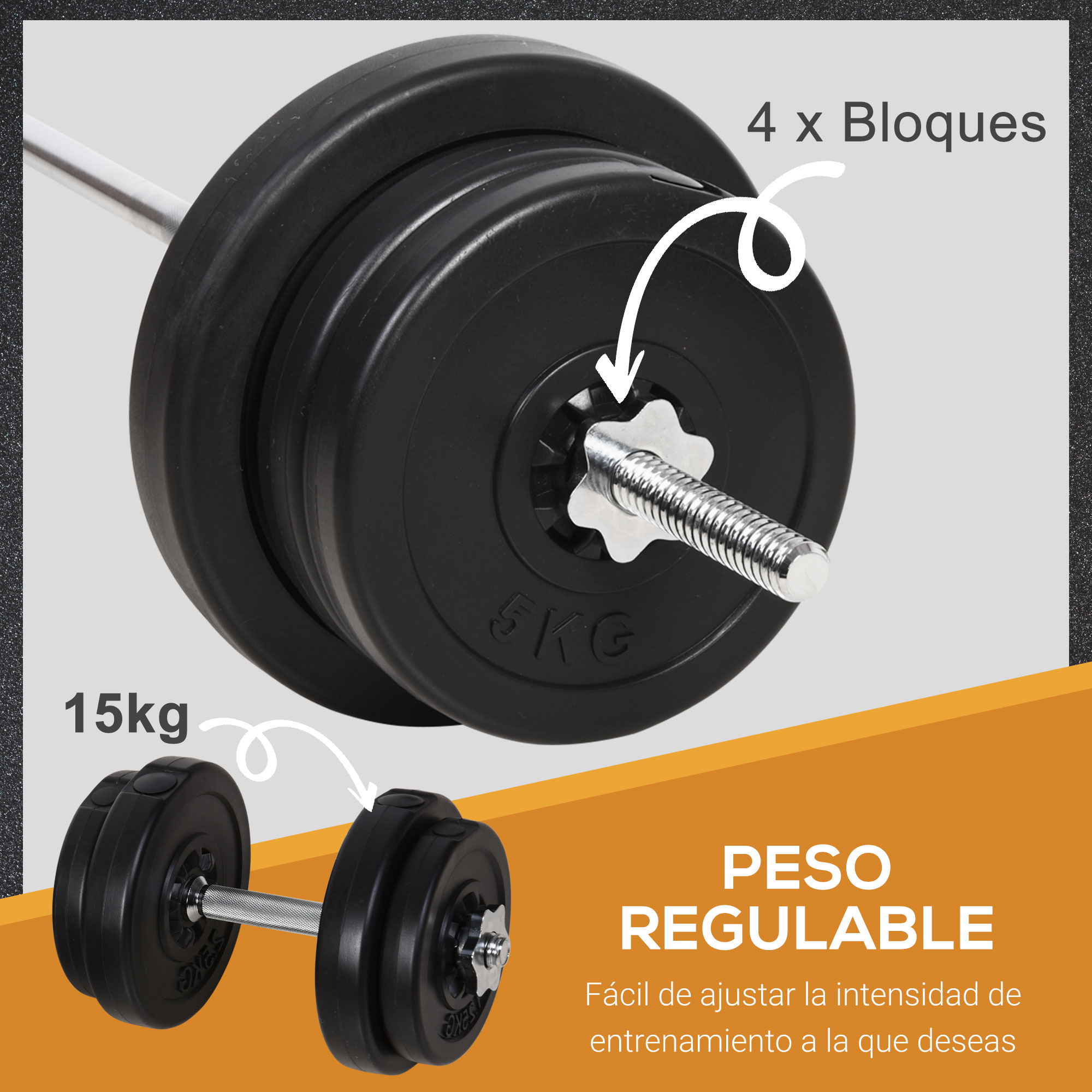 Una mancuerna con pesas negras. El texto indica 15 kg y 4 bloques. El fondo es naranja.