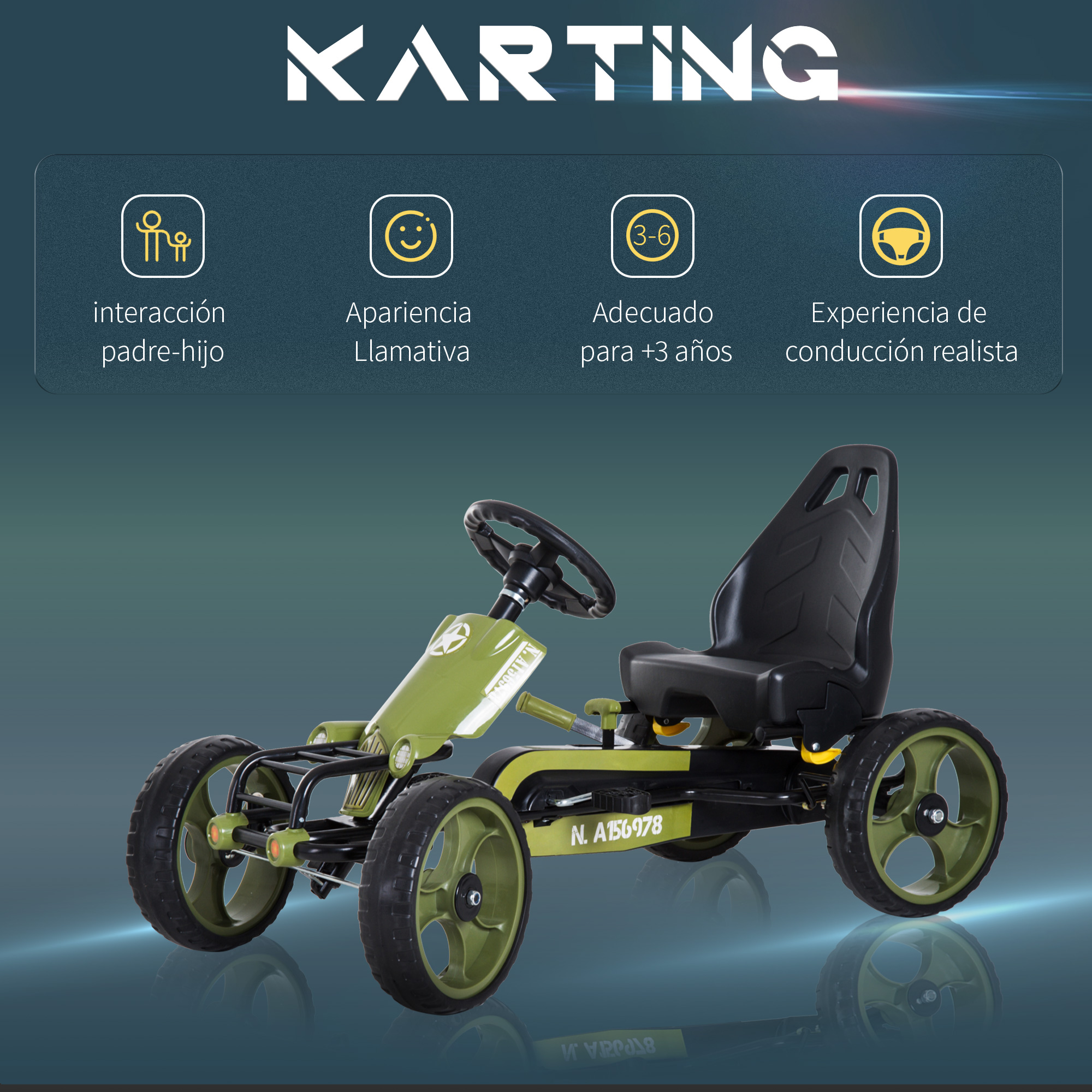 Coche de karting verde. Cuatro ruedas, asiento negro, volante. El texto indica que es para mayores de 3 años.