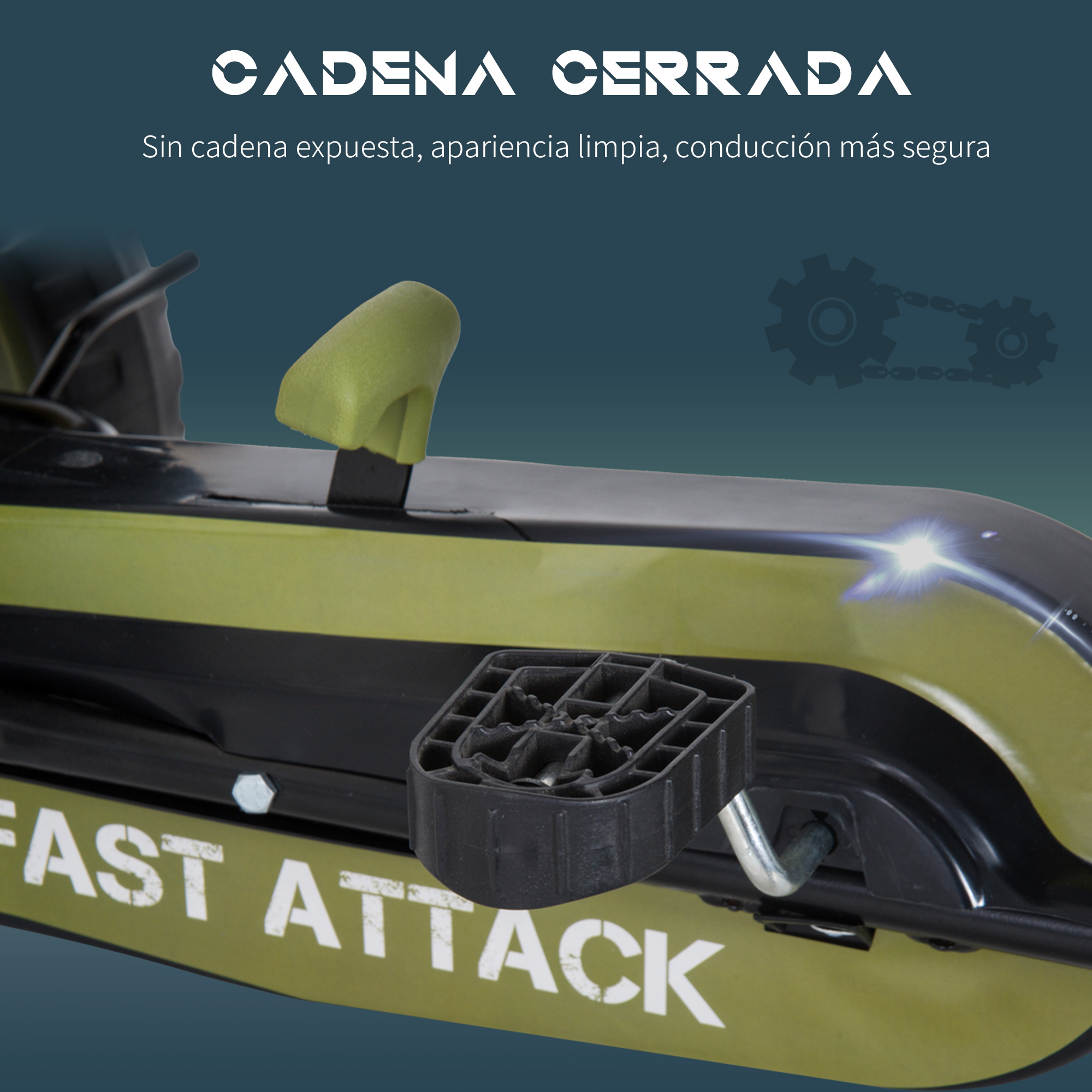 Primer plano de un pedal de bicicleta. El texto dice: Cadena cerrada, con otra información sobre la bicicleta.