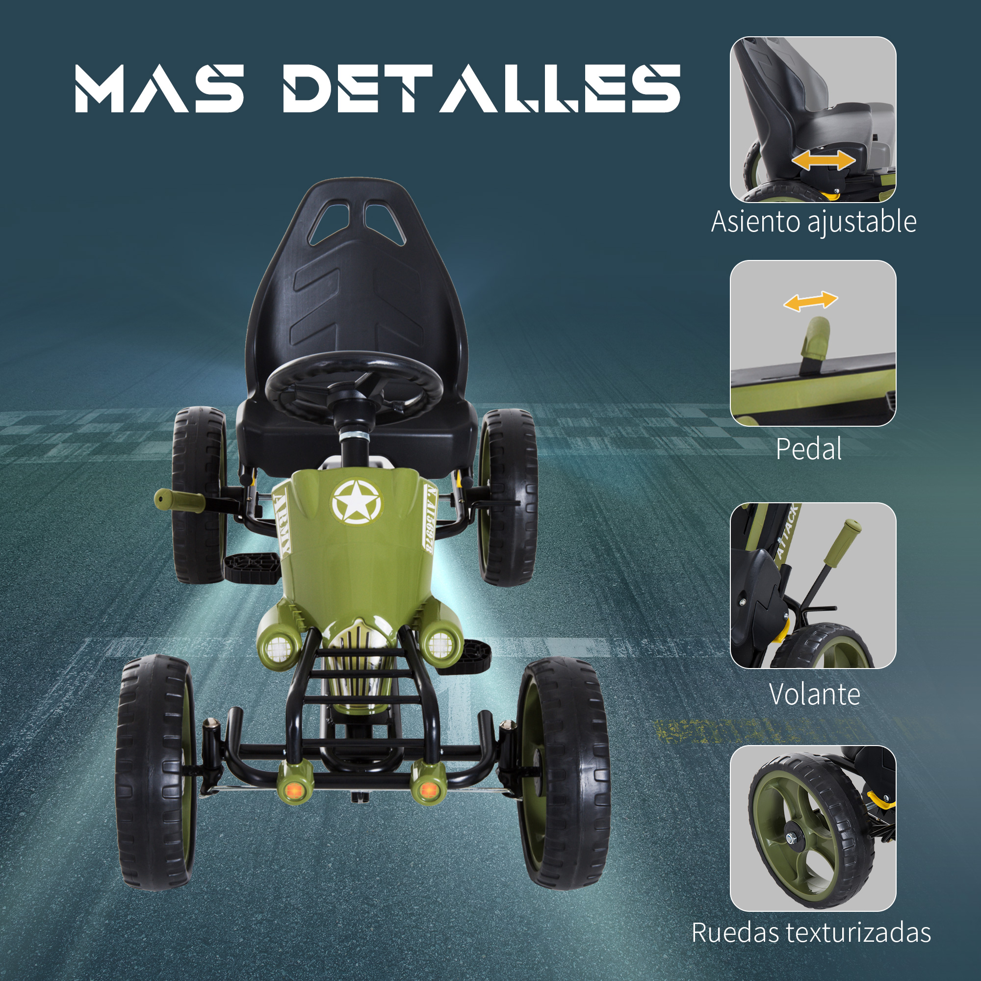 Go-kart verde de estilo militar con detalles en pedales, volante y ruedas texturizadas. Asiento negro.