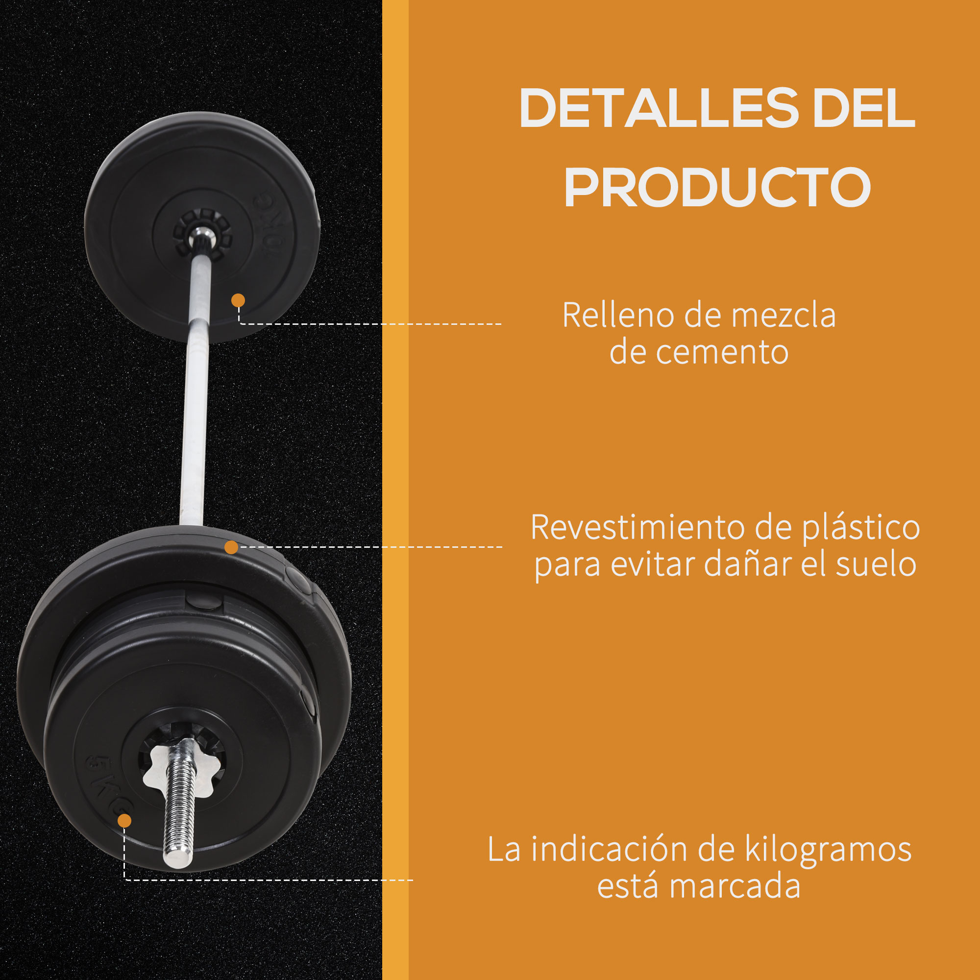 Primer plano de una mancuerna, mostrando relleno de cemento, revestimiento plástico y etiqueta de peso.