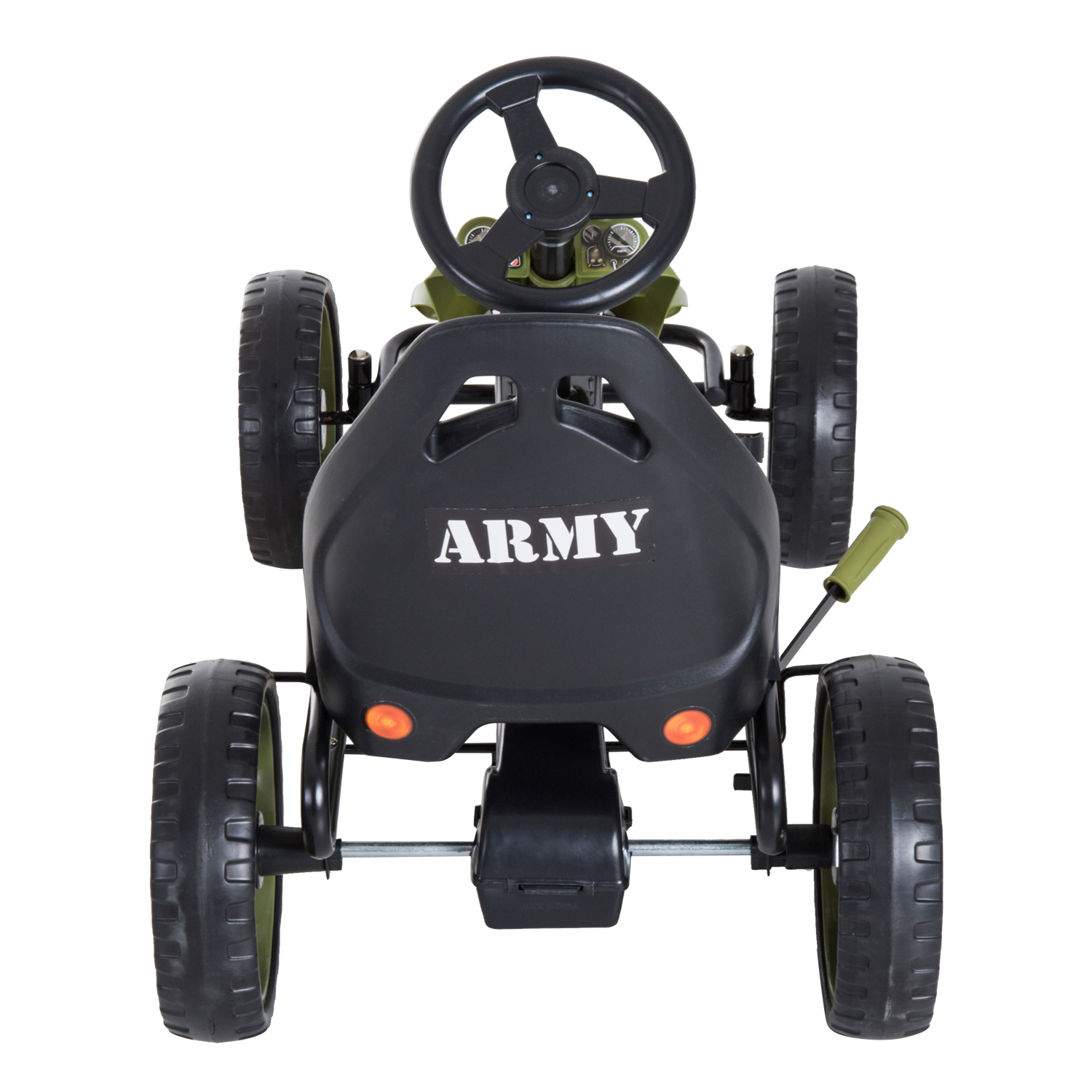 Coche de pedales verde con texto 'ARMY', asiento negro y volante. Fondo blanco.