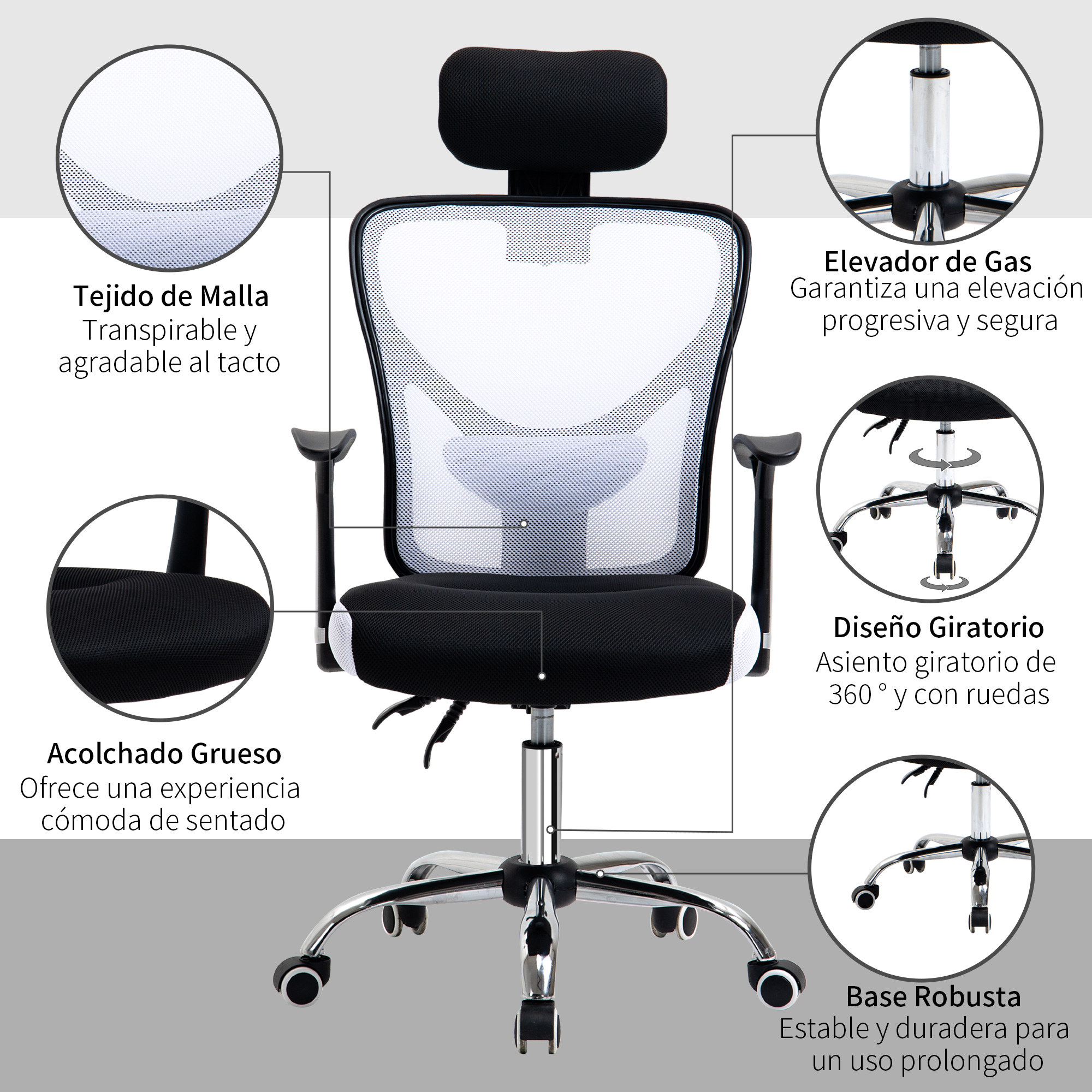 Una silla de oficina con respaldo de malla y reposacabezas. Cuenta con reposabrazos ajustables y una base robusta.