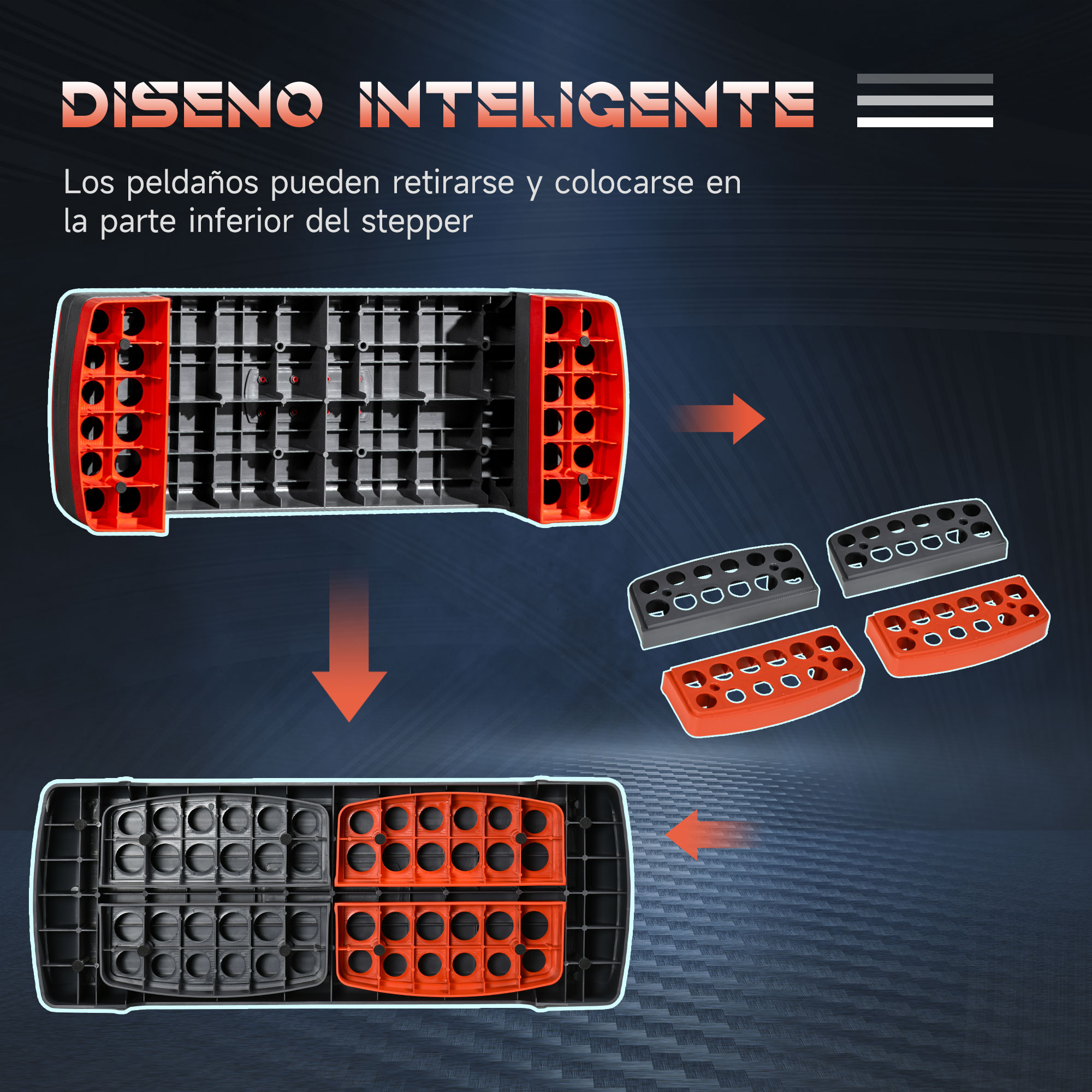 Diagrama que muestra los escalones desmontables del stepper, con piezas naranjas y negras extraíbles.
