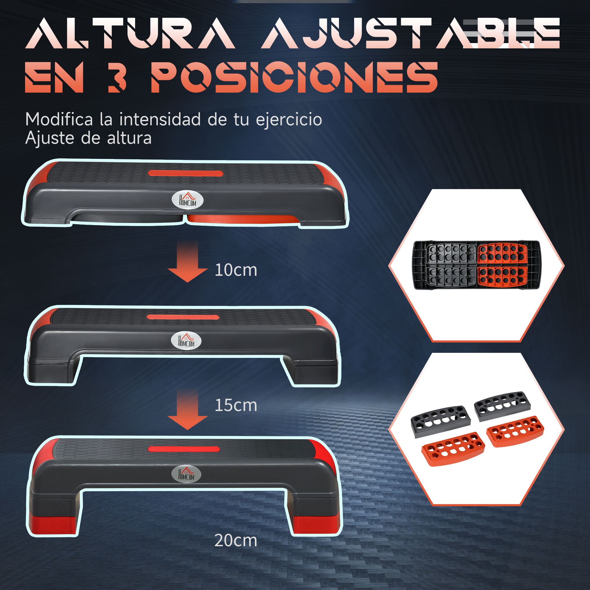 Una plataforma de step ajustable en tres alturas, con esquema de color negro y rojo, con etiquetas de altura.