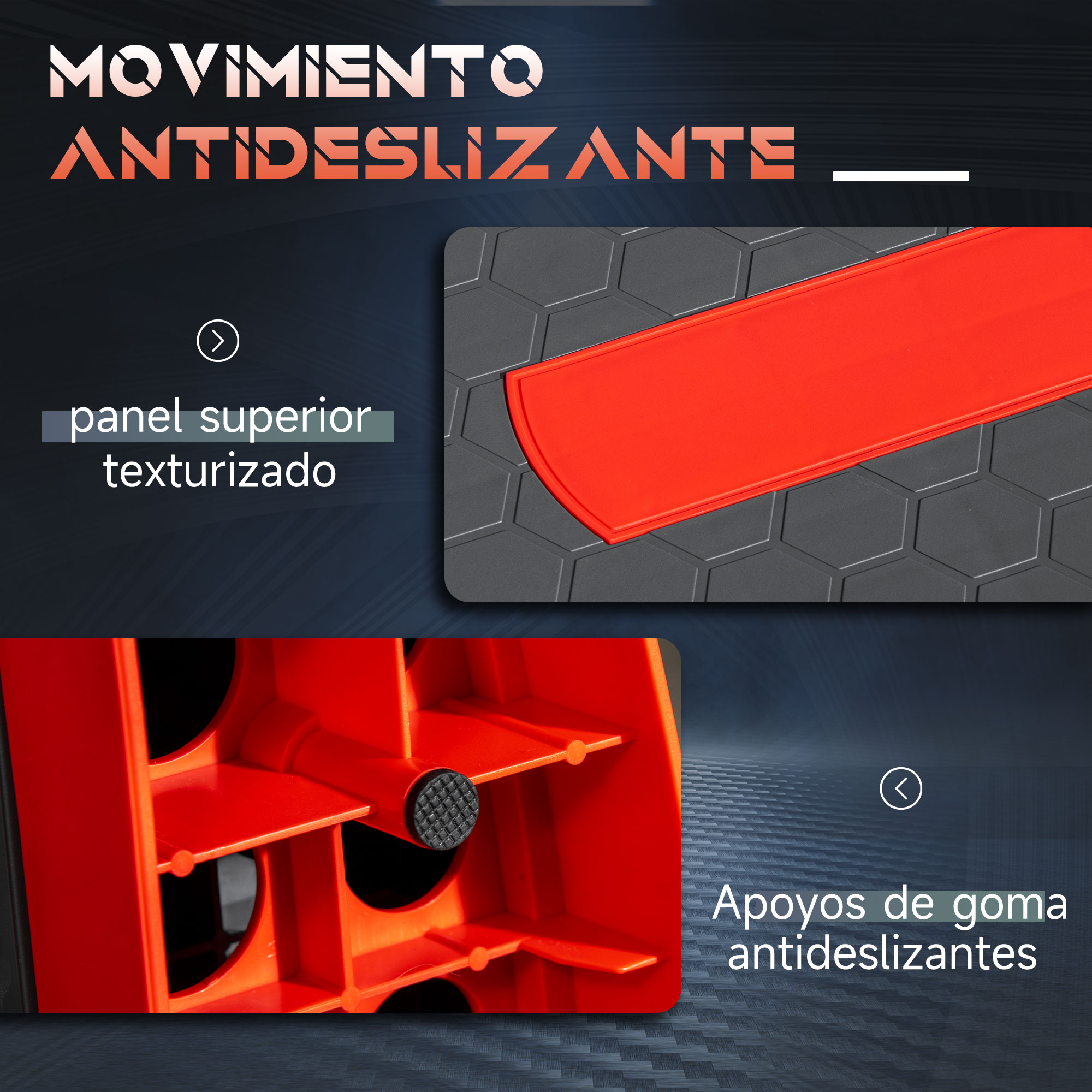 Primer plano de una alfombra roja y gris texturizada, con detalle de soportes de goma.
