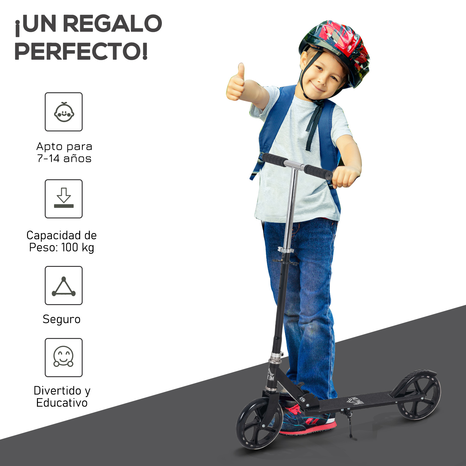 Niño con casco en un scooter. Icono con texto: Seguro, divertido y educativo.