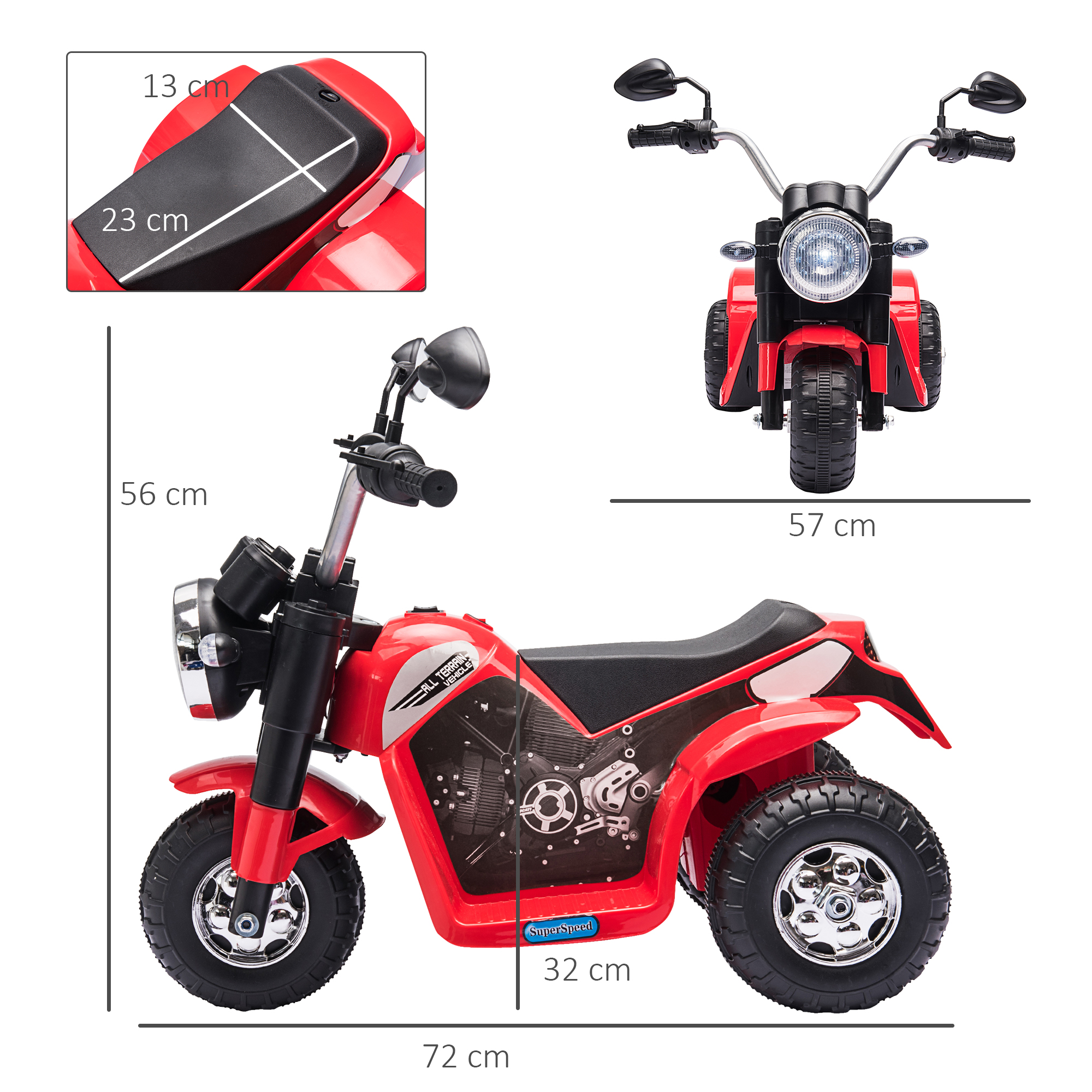 Moto giocattolo rossa con dimensioni. Vista laterale, frontale e dall'alto. Le dimensioni sono indicate sull'immagine.
