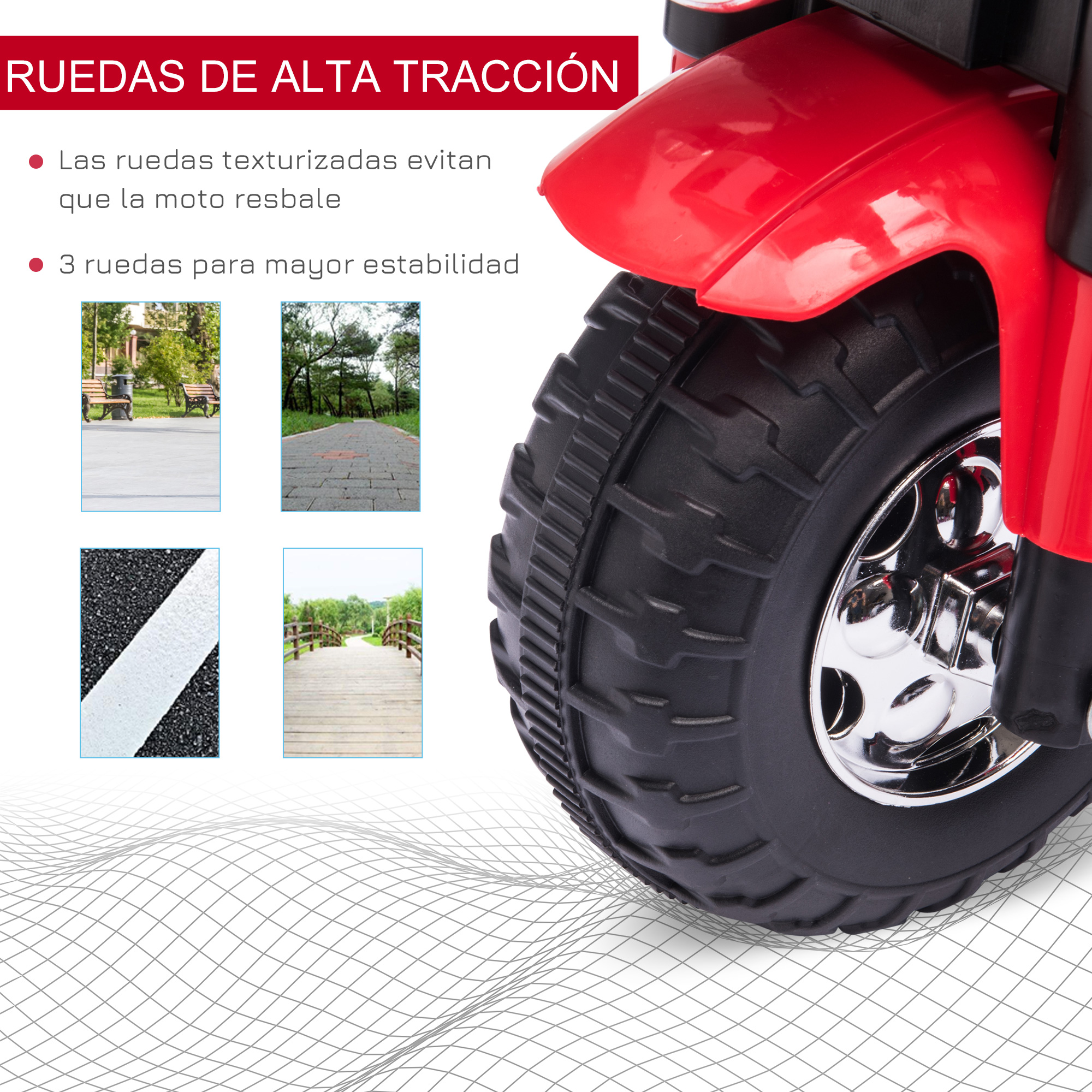 Primer plano de una rueda de motocicleta de juguete roja con neumáticos de alta tracción e imágenes de diferentes terrenos.