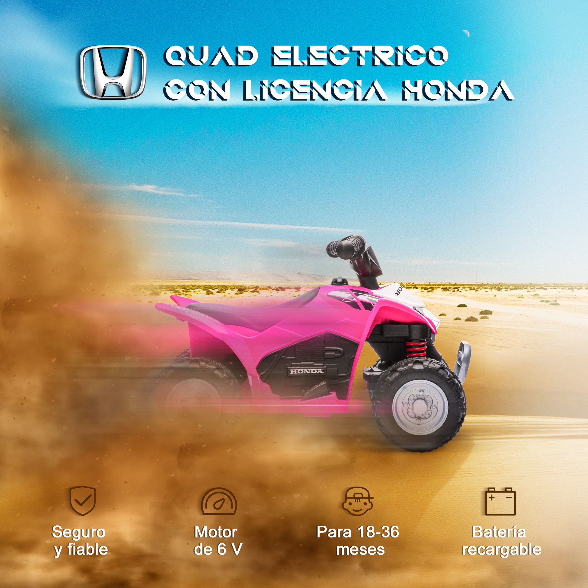 Juguete ATV Honda rosa sobre suelo arenoso. El texto dice 'Quad Electrico Honda'.