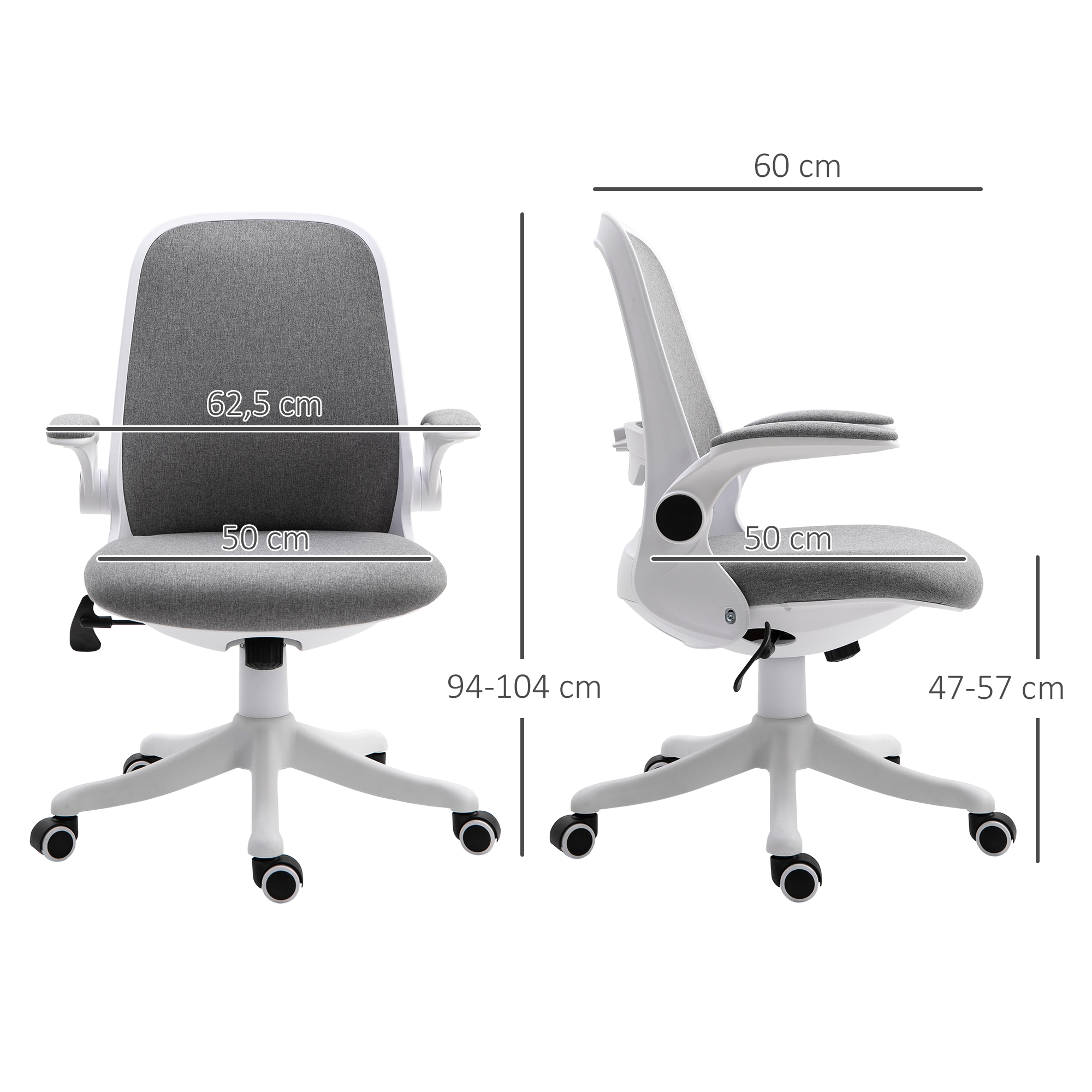 Dos sillas de oficina. Una es gris y blanca, y la otra negra. También se muestran las dimensiones.